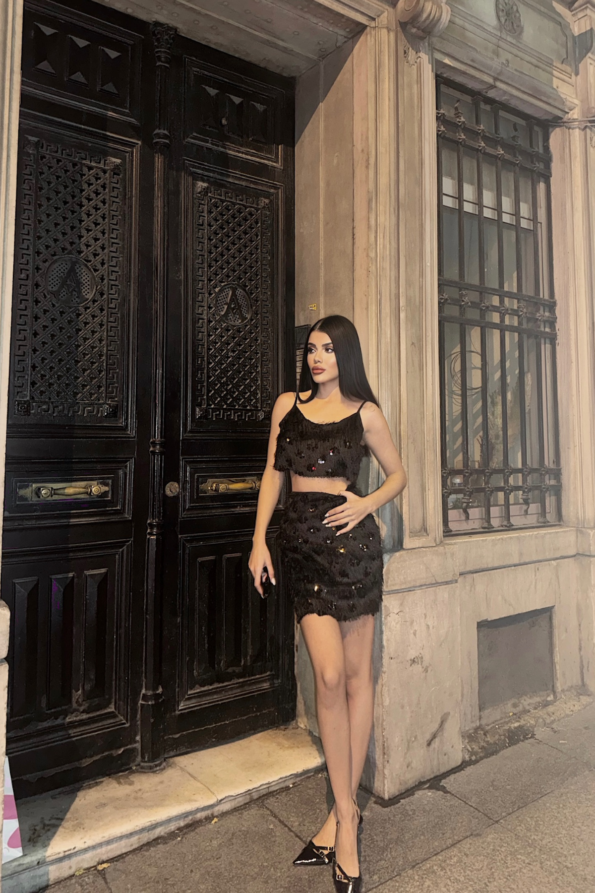 PÜSKÜL PAYET CROP BLUZ-KISA ETEK TAKIM - Siyah