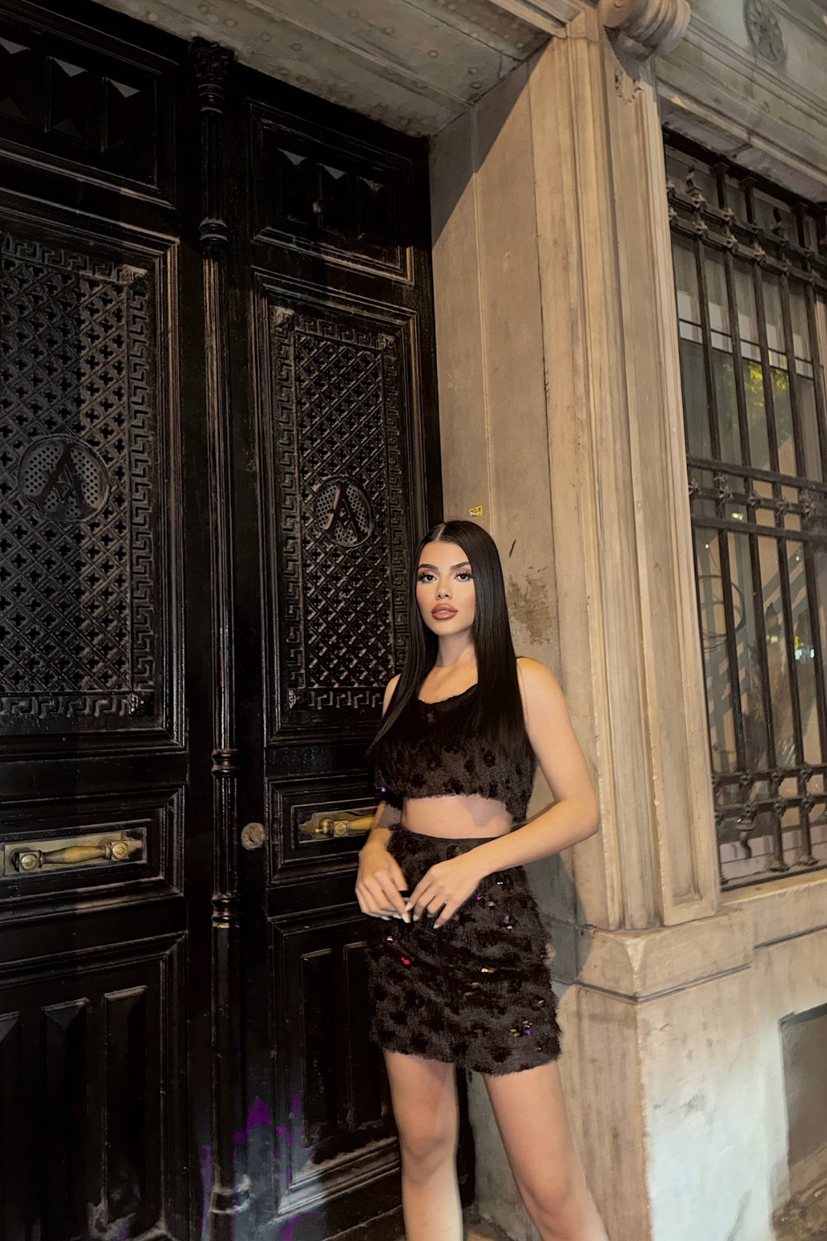 PÜSKÜL PAYET CROP BLUZ-KISA ETEK TAKIM - Siyah