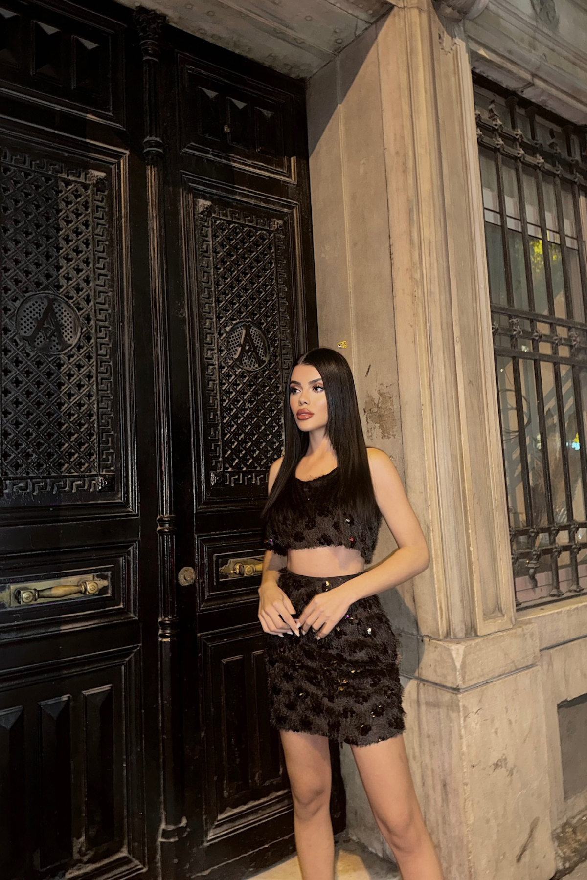 PÜSKÜL PAYET CROP BLUZ-KISA ETEK TAKIM - Siyah