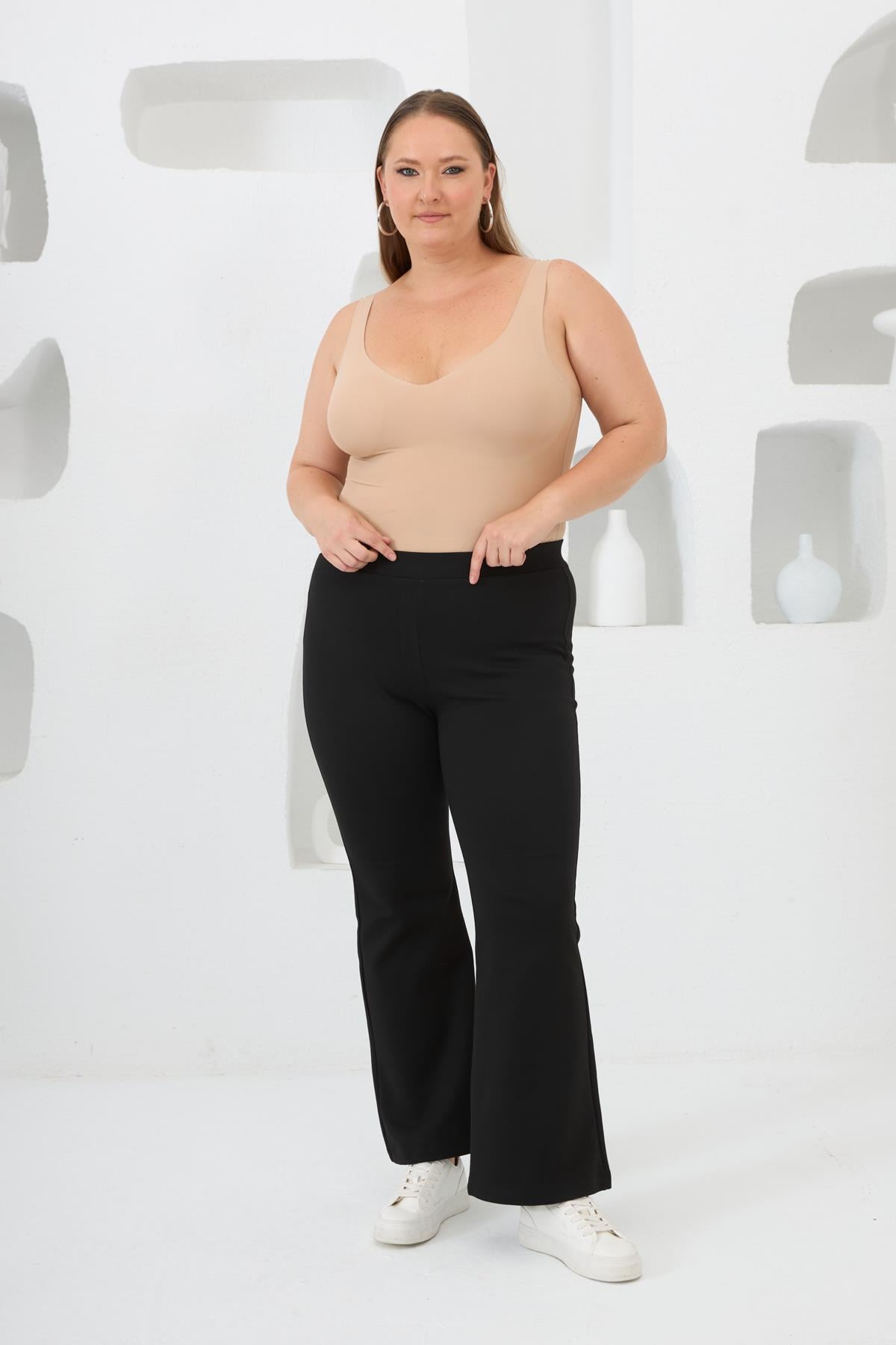 Plus Size Black Steel Knit Flared Leggings