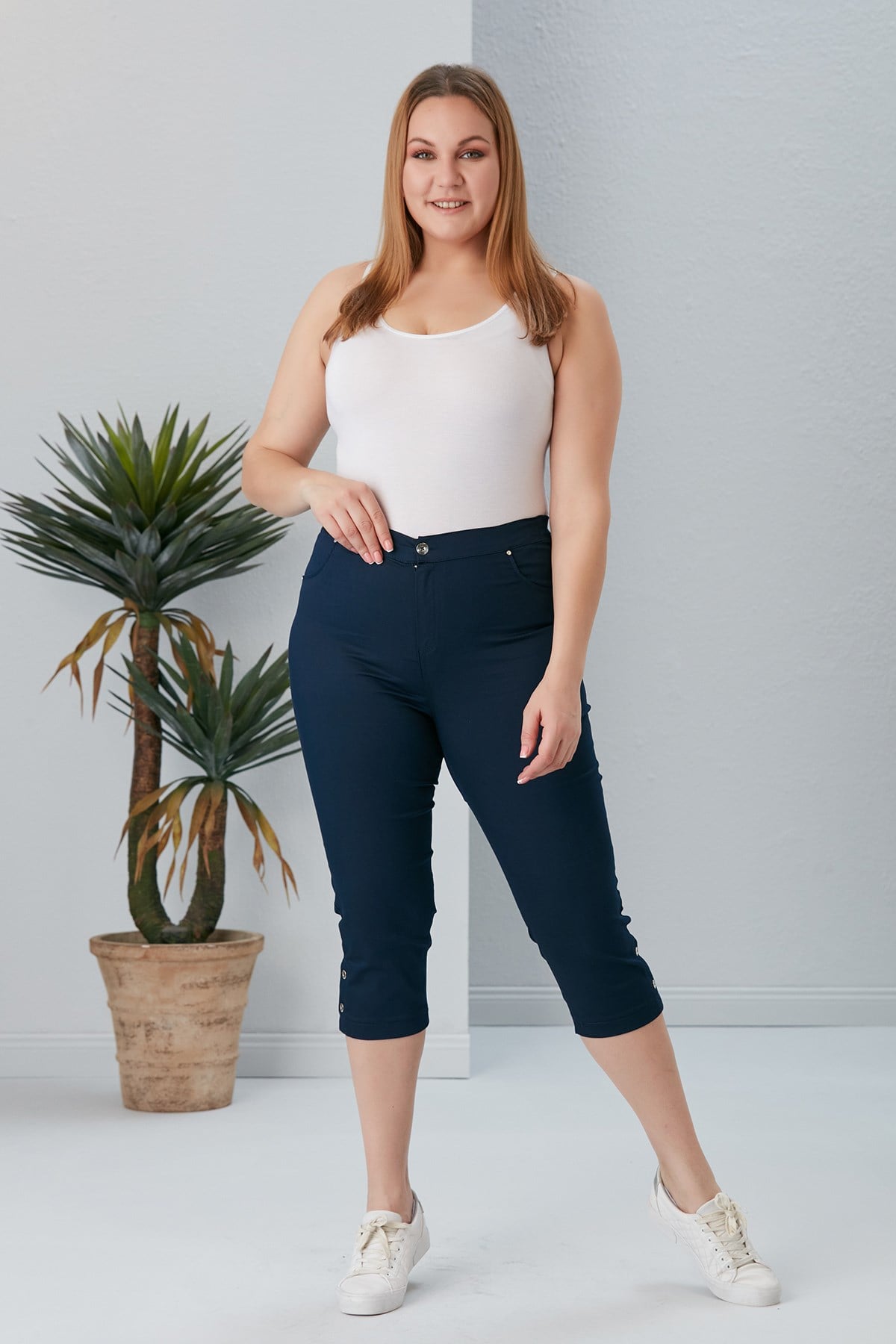 Plus Size Navy Capri with Hem Button Detail