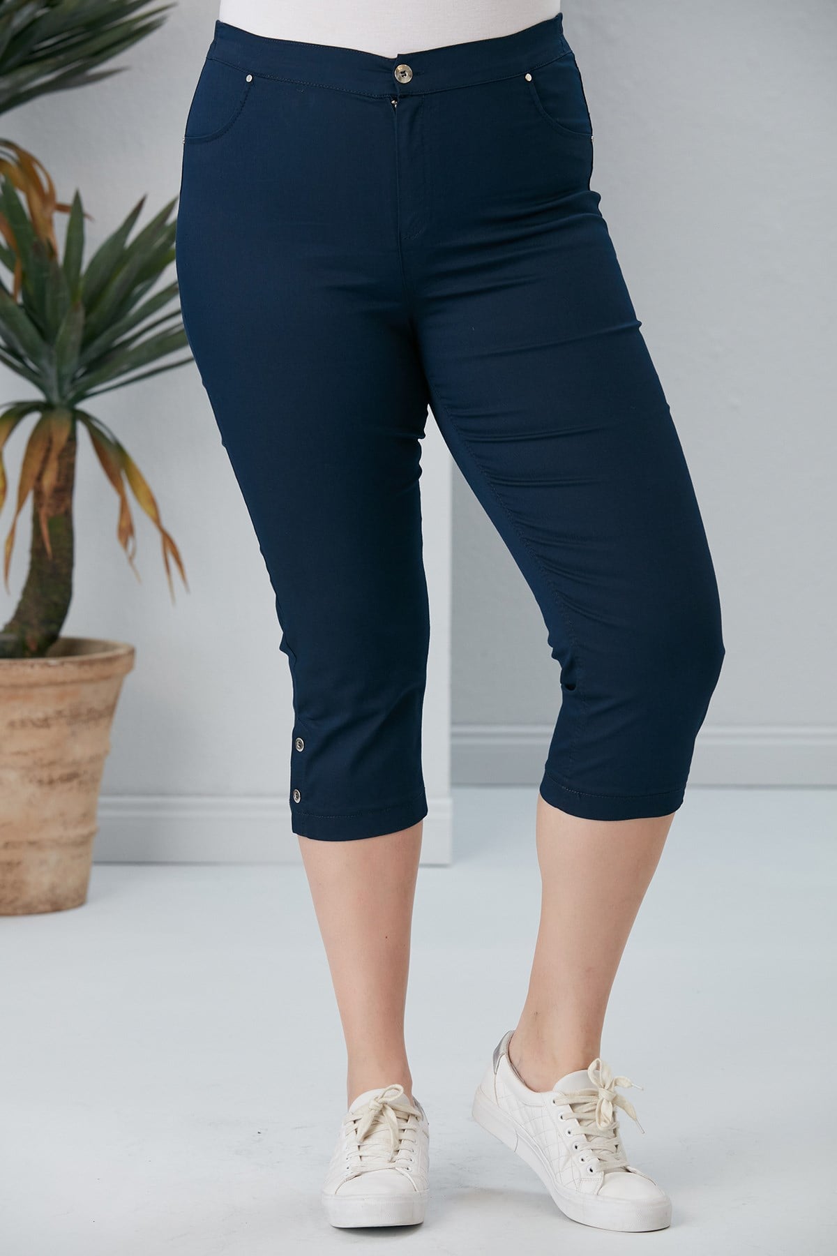Plus Size Navy Capri with Hem Button Detail