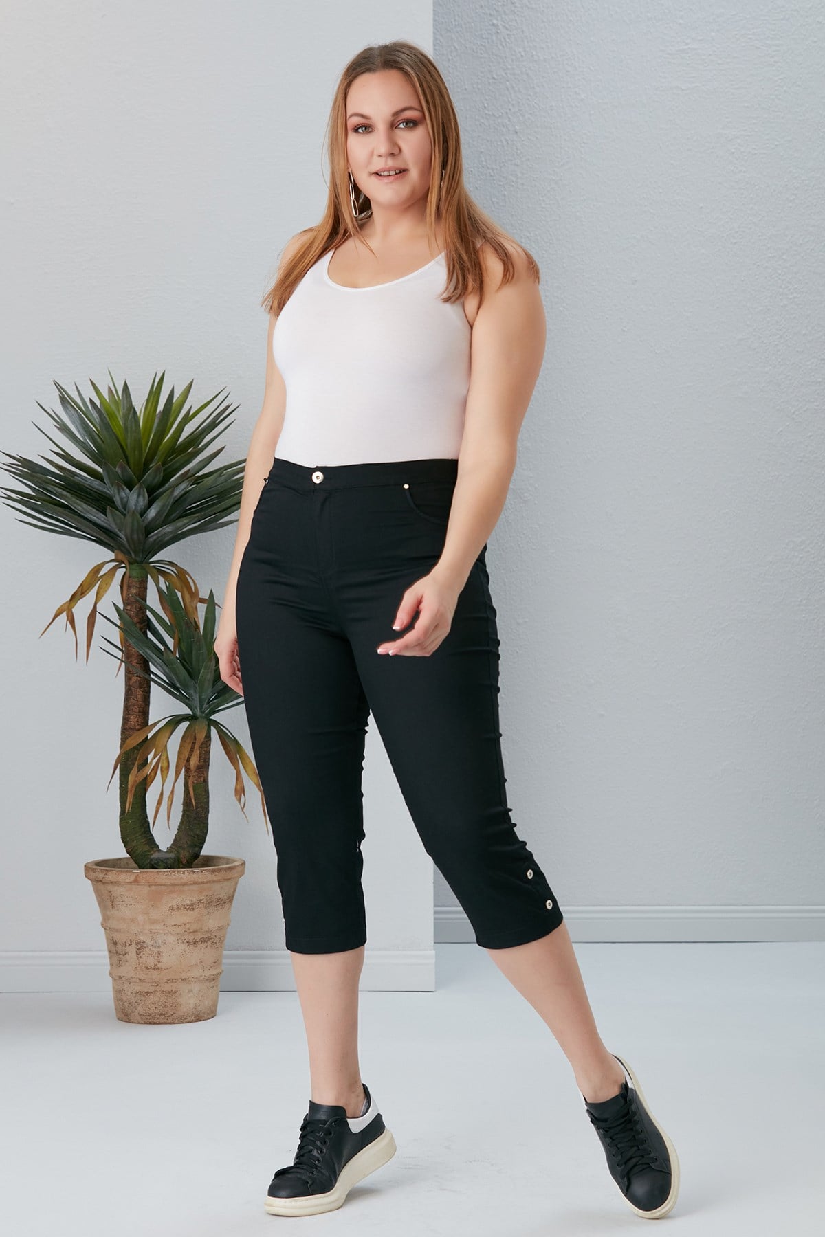 Plus Size Black Capris with Hem Button Detail