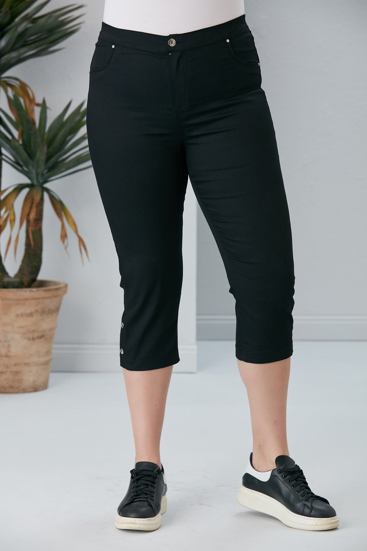 Plus Size Black Capris with Hem Button Detail