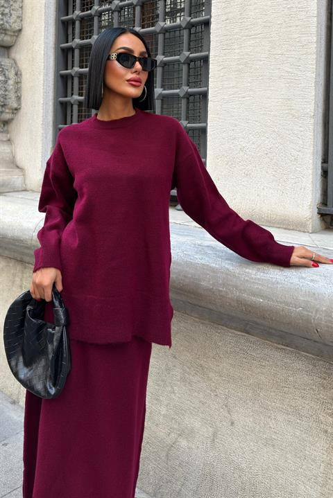 Saç Örgü Desenli Kuşaklı Triko Takım 10218