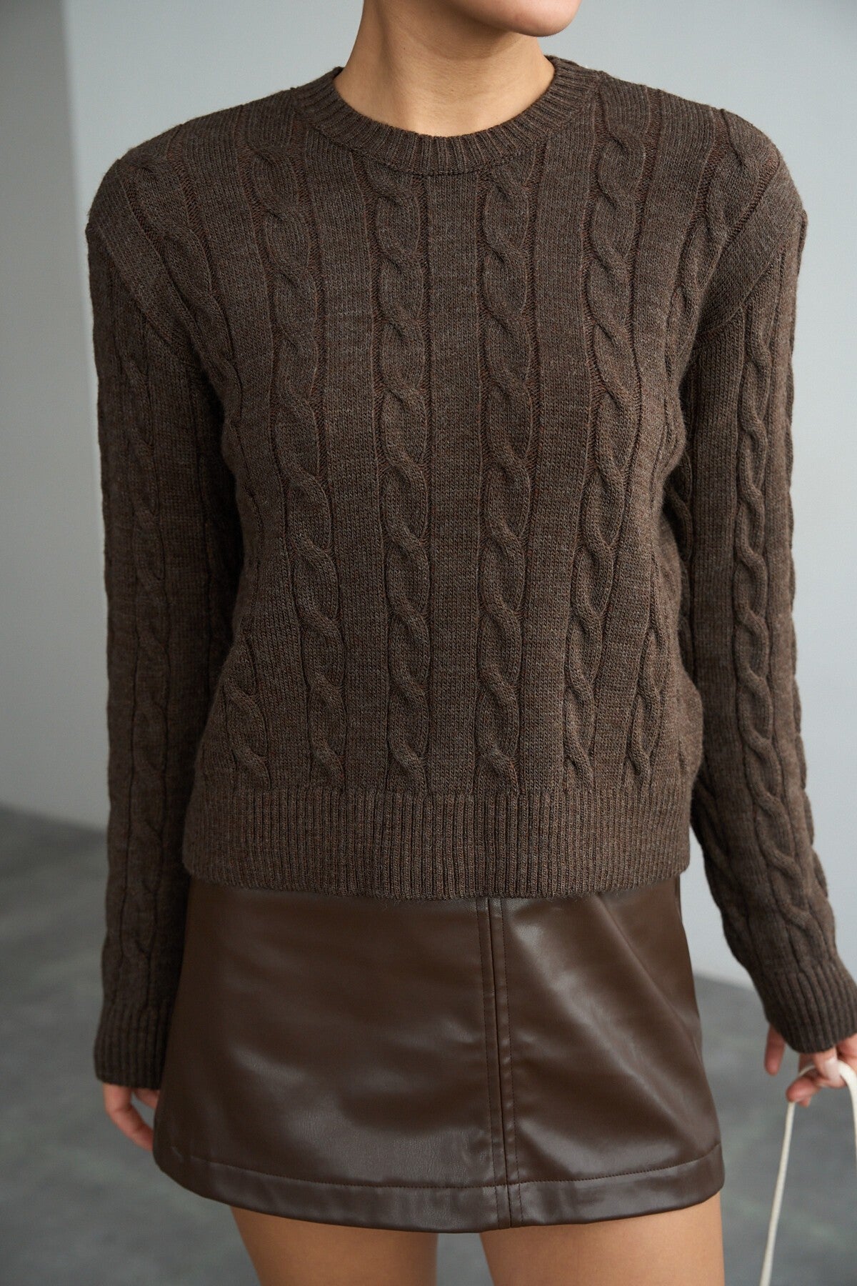 Coffee Melange Sweater with Braid Detail