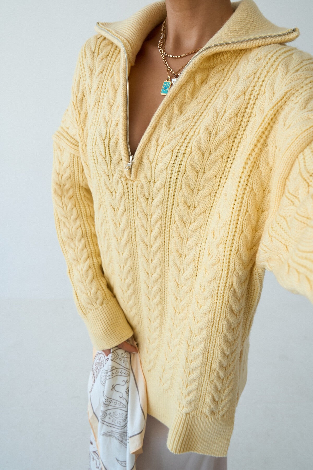 New Yellow Braided Zipper Sweater