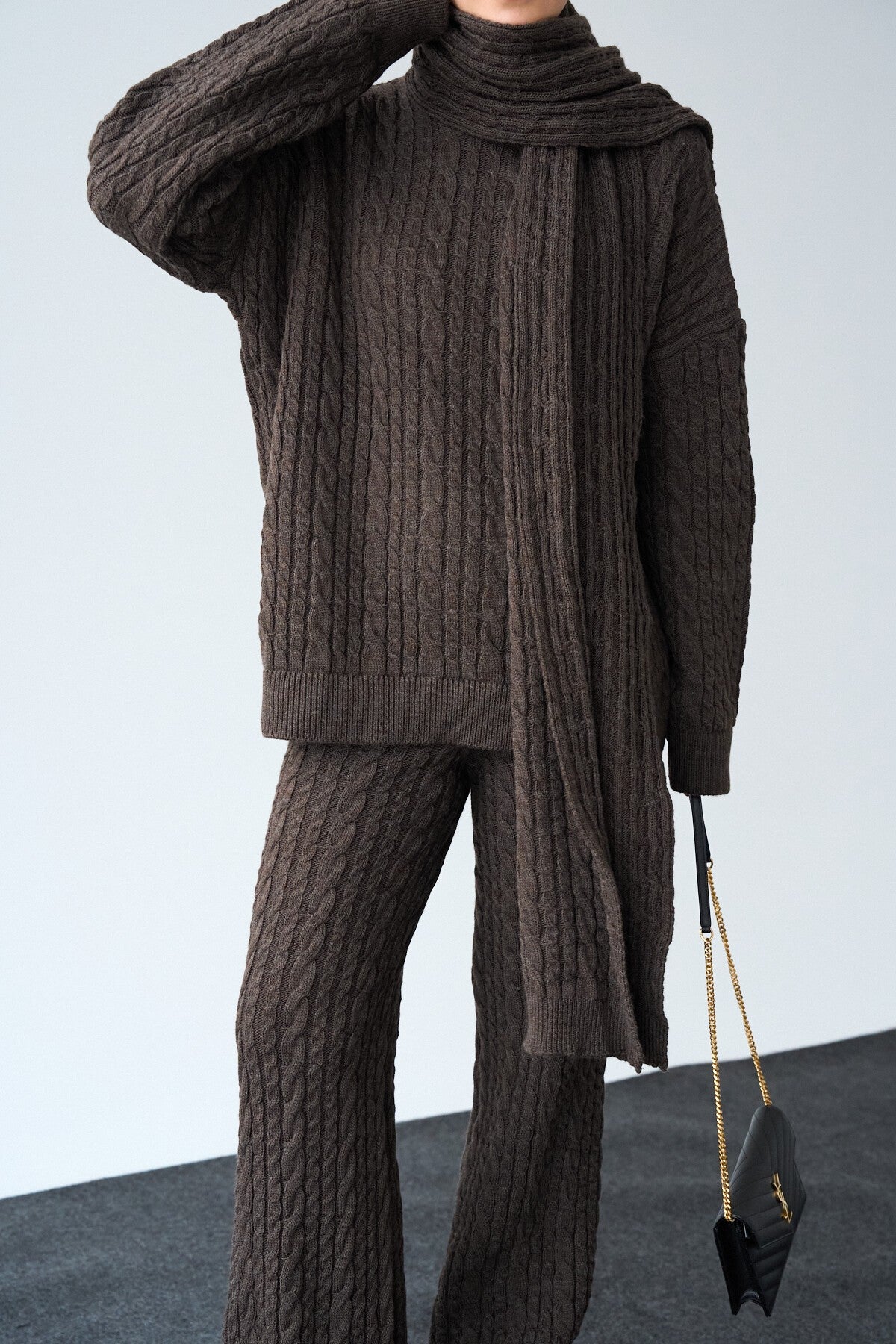 Coffee Melange Braided Trousers Set