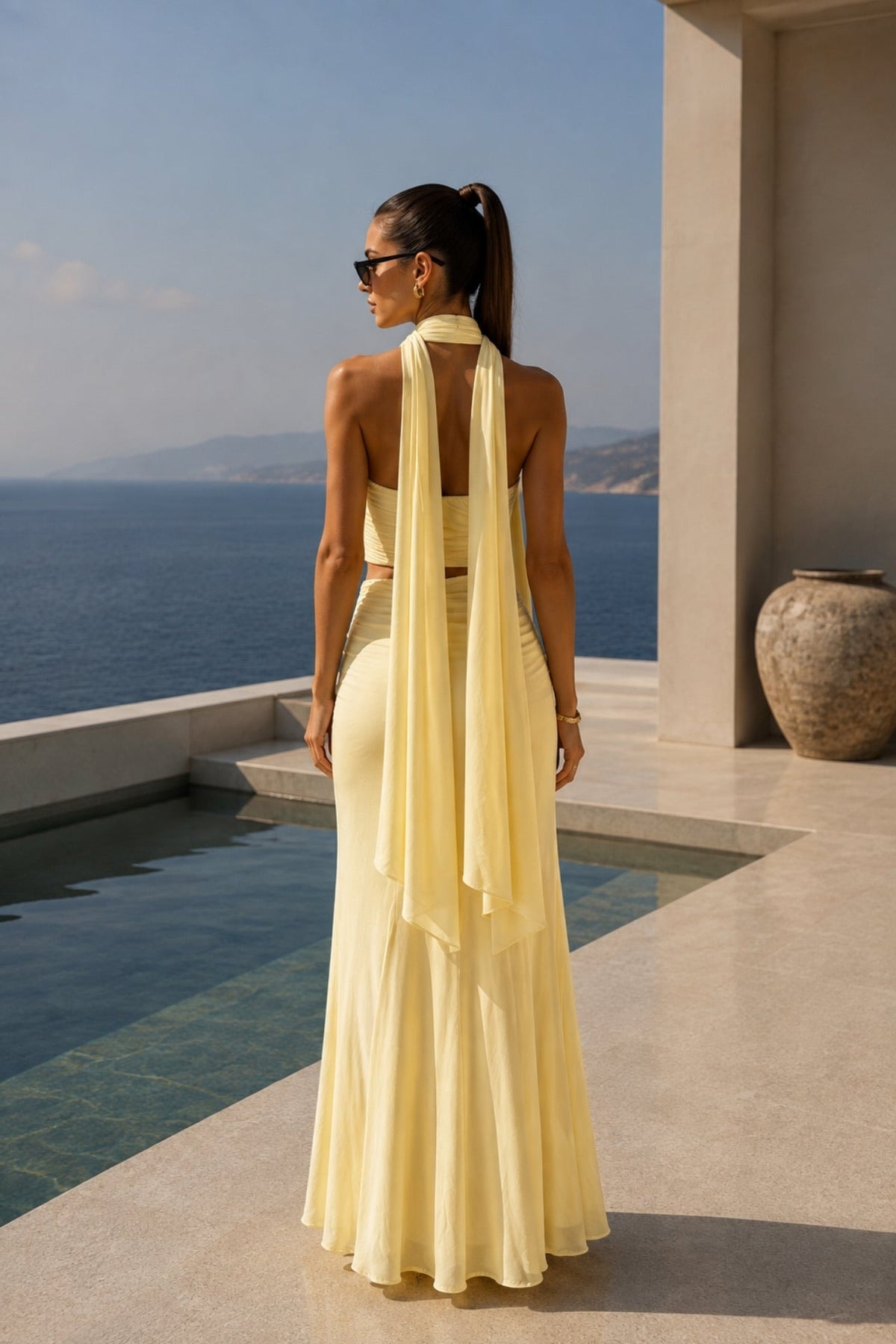 Şal Detay Straplez Bluz Bel Büzgülü Maxi Etek Üçlü Takım - Beyaz