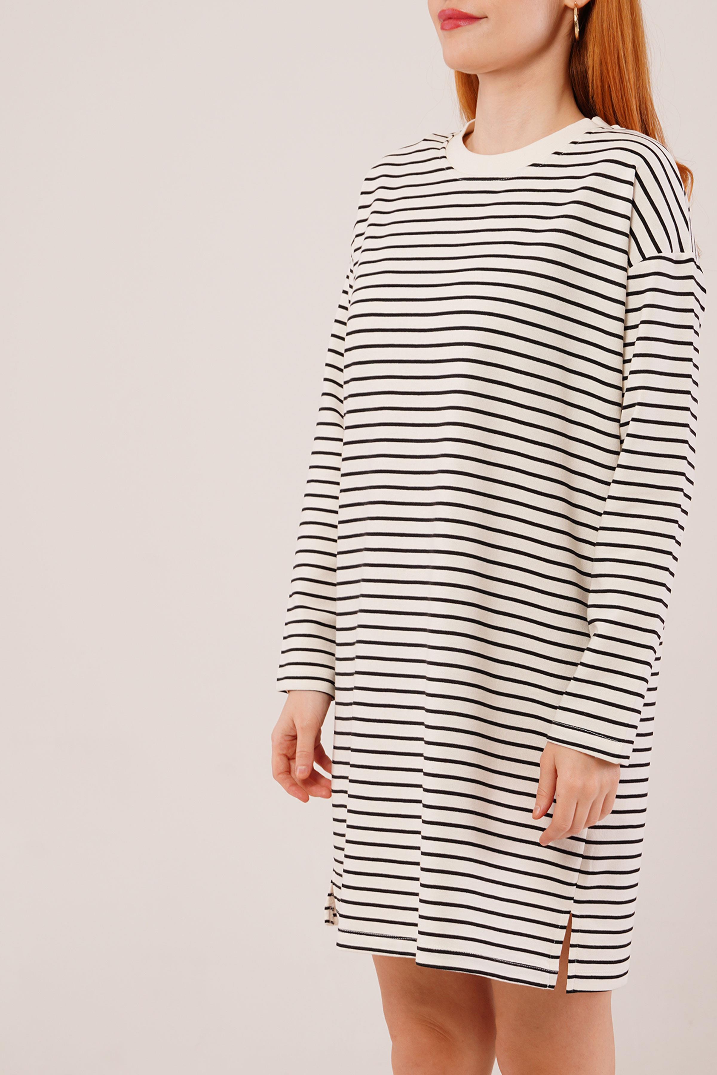 Salaş Kesim Çizgili Uzun Beyaz Toptan Sweatshirt