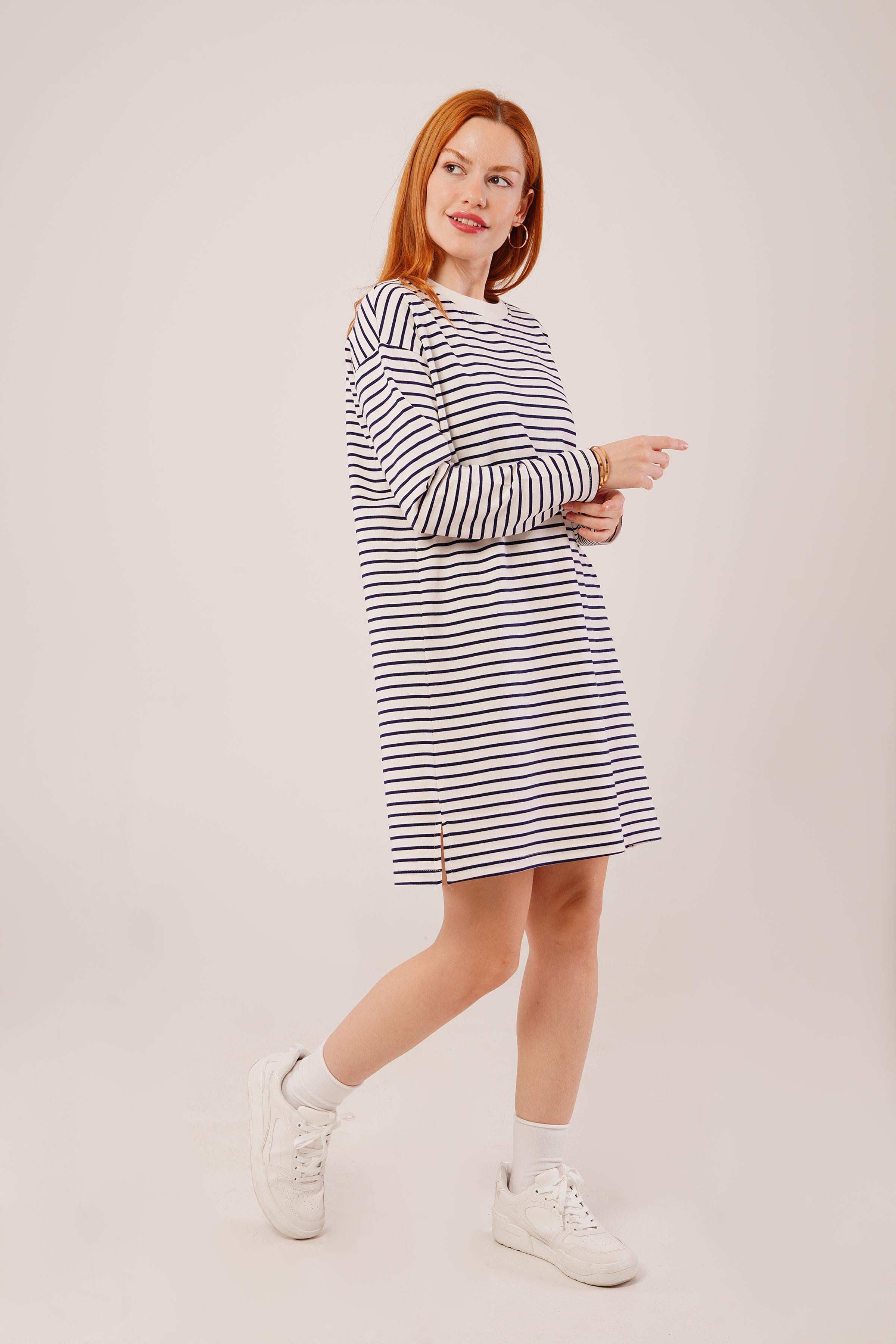 Salaş Kesim Çizgili Uzun Lacivert Toptan Sweatshirt