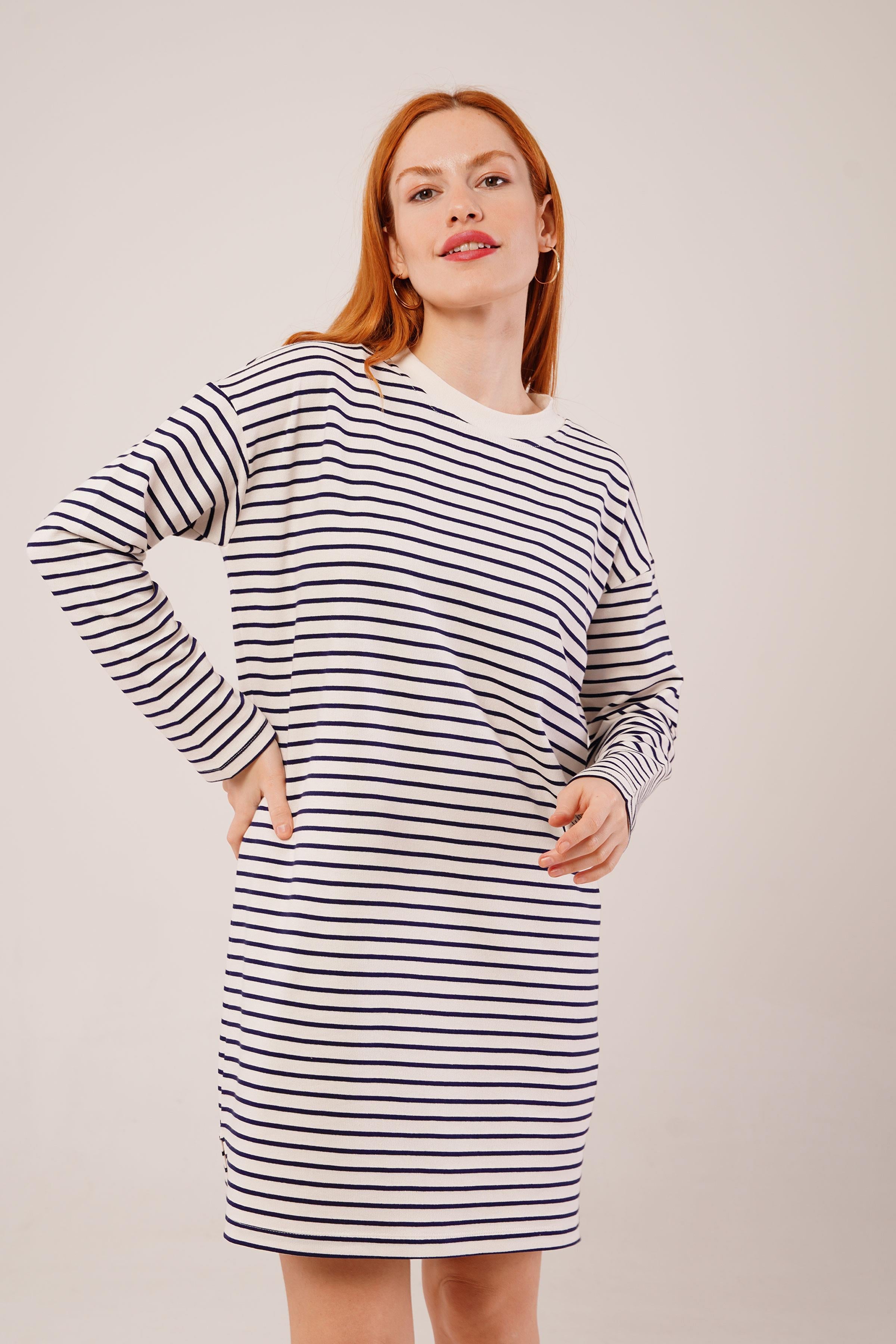 Salaş Kesim Çizgili Uzun Lacivert Toptan Sweatshirt