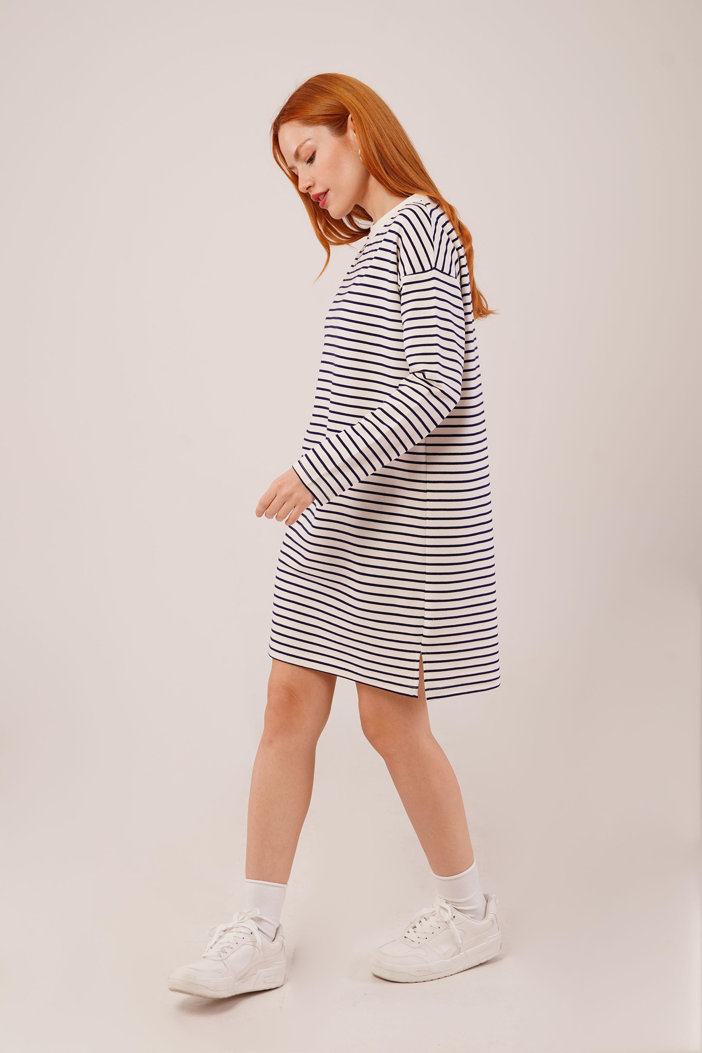 Salaş Kesim Çizgili Uzun Lacivert Toptan Sweatshirt