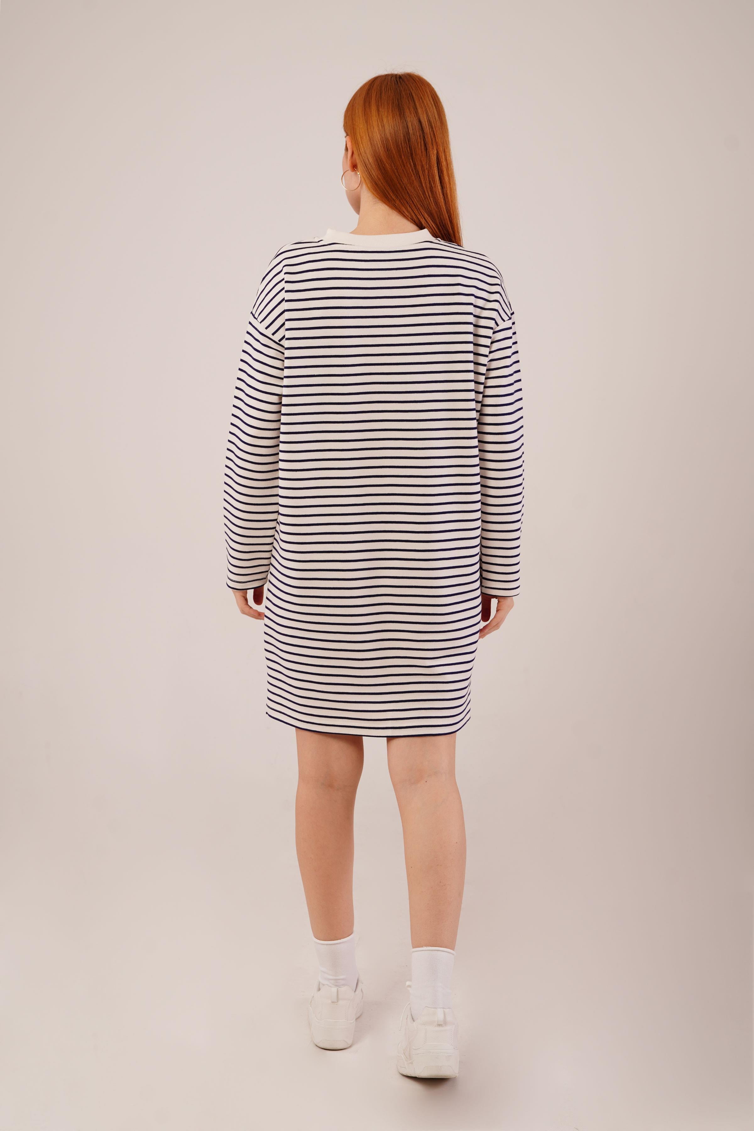 Salaş Kesim Çizgili Uzun Lacivert Toptan Sweatshirt