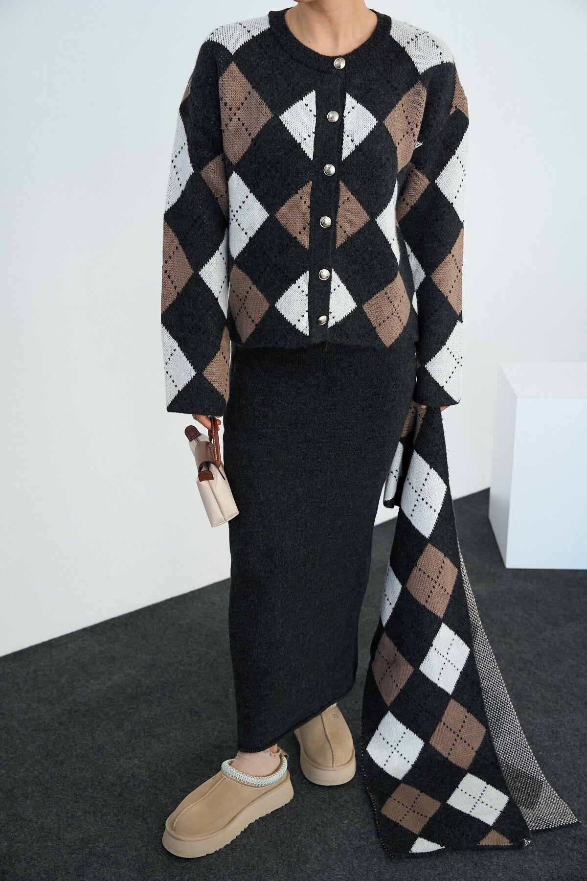 Dark Anthracite-Mink Skirt Suit with Shawl