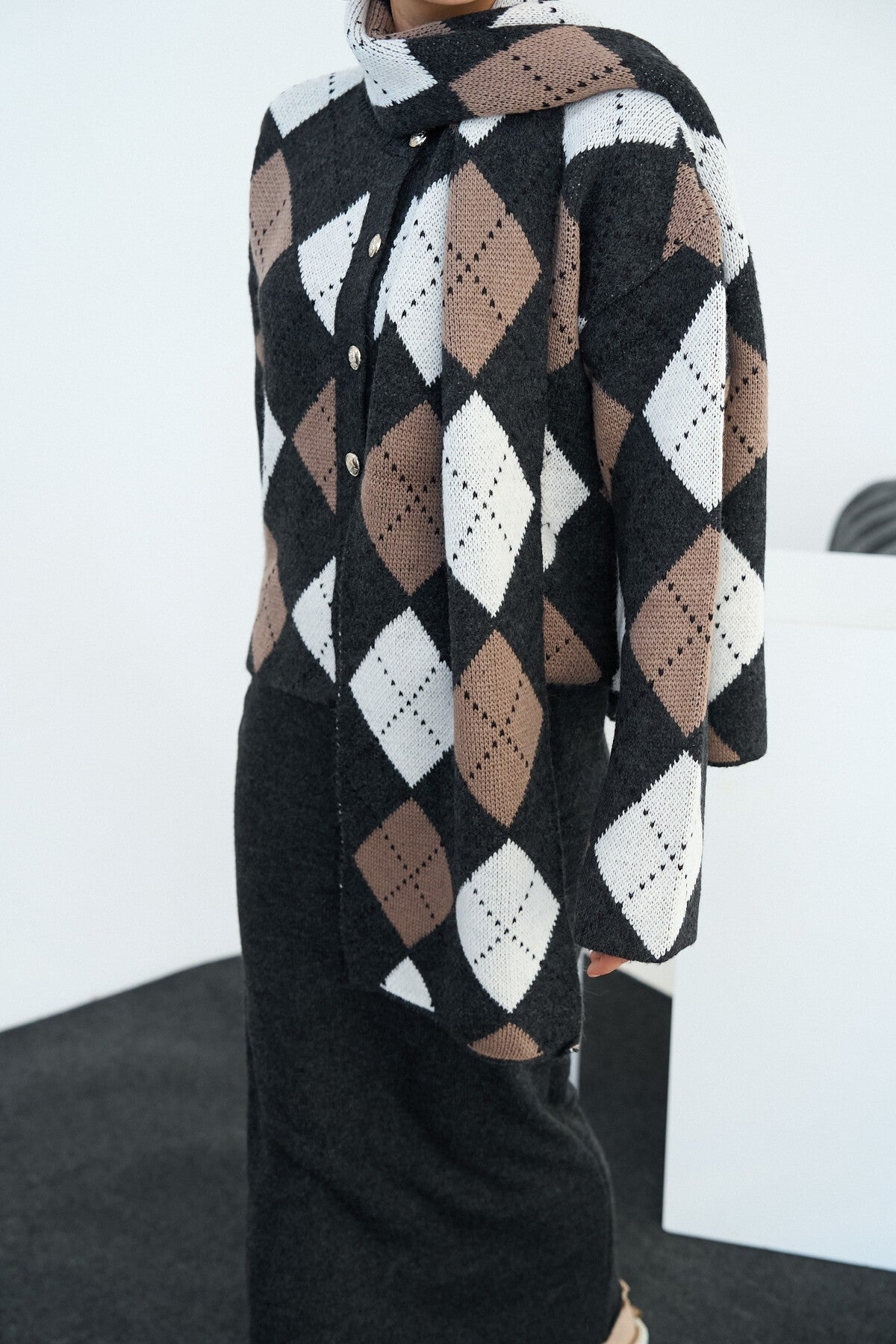 Dark Anthracite-Mink Skirt Suit with Shawl