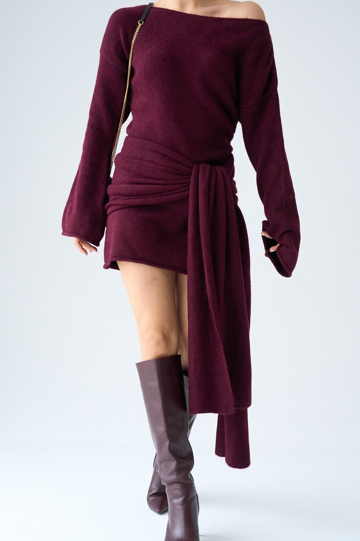 Bordo Şallı Triko Elbise