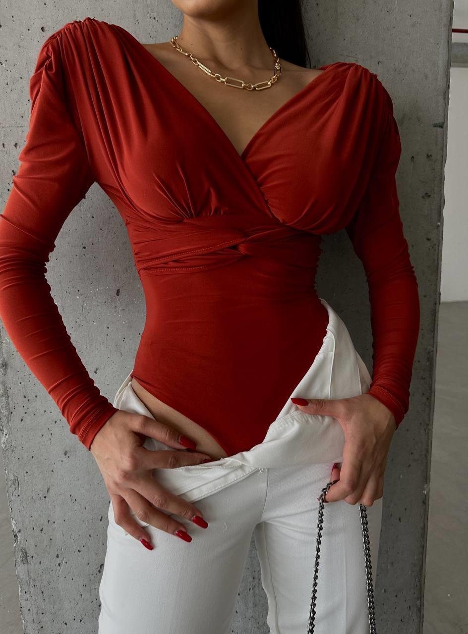 SANDY VATKALI BODYSUİT DRAPELİ - Kiremit