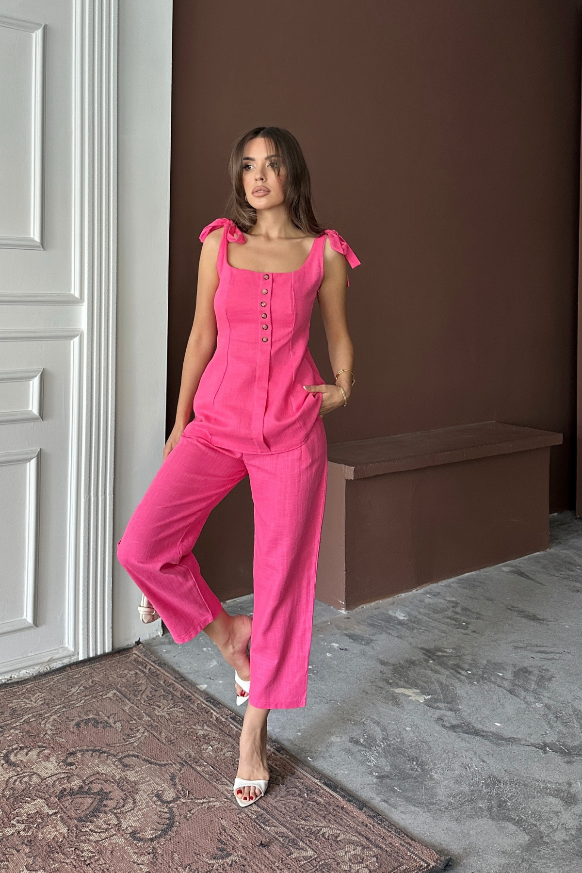 ŞANTUK KETEN YELEK GÖRÜNÜMLÜ ASKILI BLUZ - PANTOLON TK - Fuşya