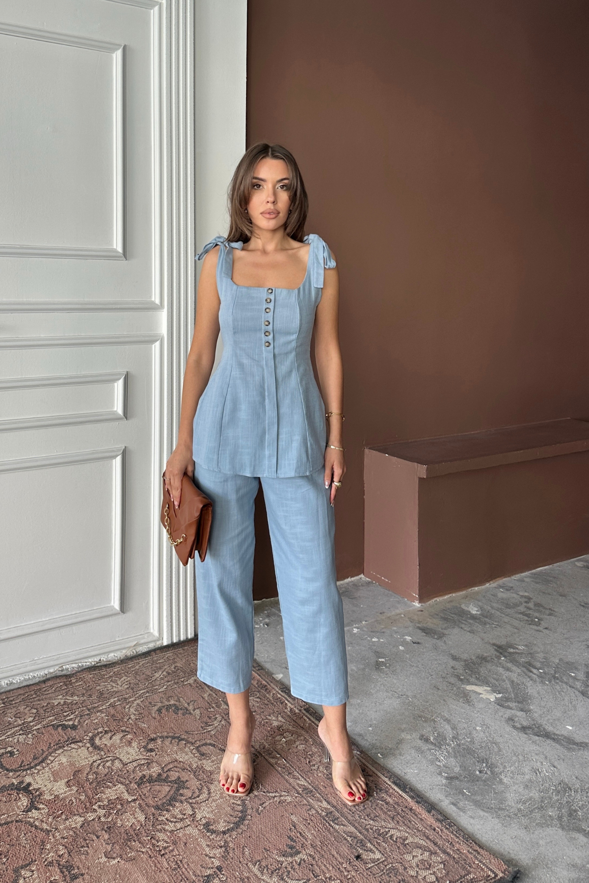 ŞANTUK KETEN YELEK GÖRÜNÜMLÜ ASKILI BLUZ - PANTOLON TK - Mavi