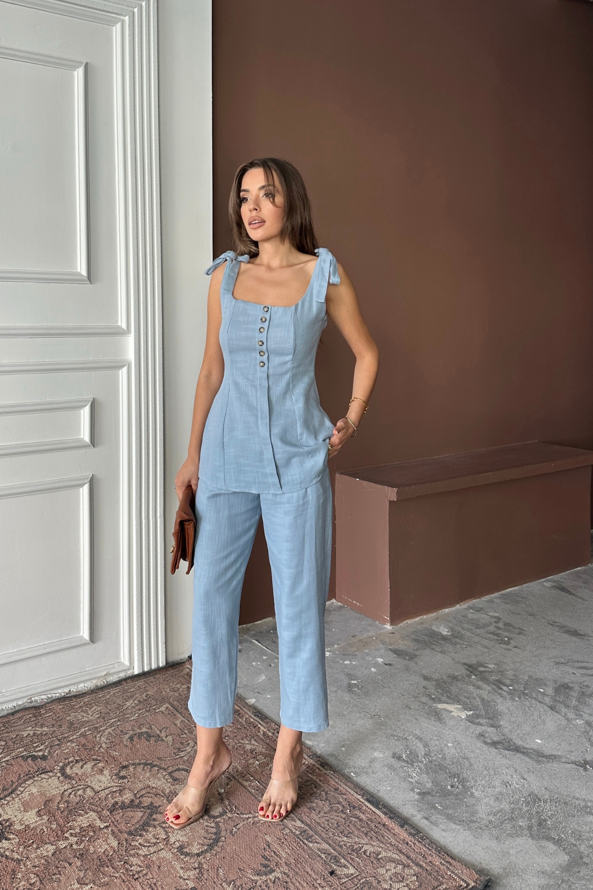 ŞANTUK KETEN YELEK GÖRÜNÜMLÜ ASKILI BLUZ - PANTOLON TK - Mavi