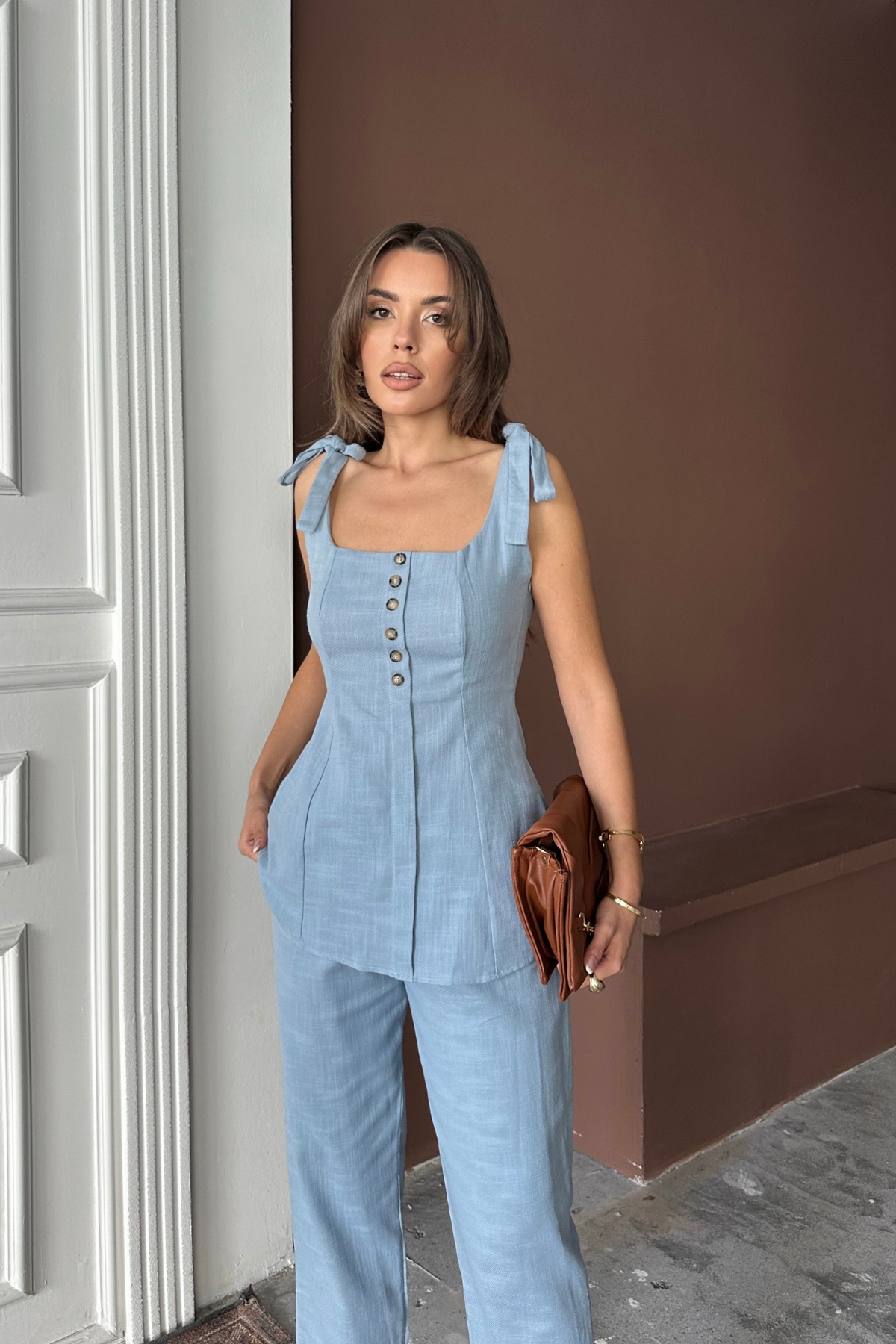 ŞANTUK KETEN YELEK GÖRÜNÜMLÜ ASKILI BLUZ - PANTOLON TK - Mavi