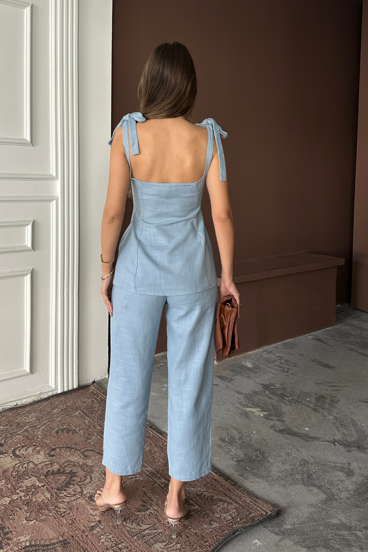 ŞANTUK KETEN YELEK GÖRÜNÜMLÜ ASKILI BLUZ - PANTOLON TK - Mavi