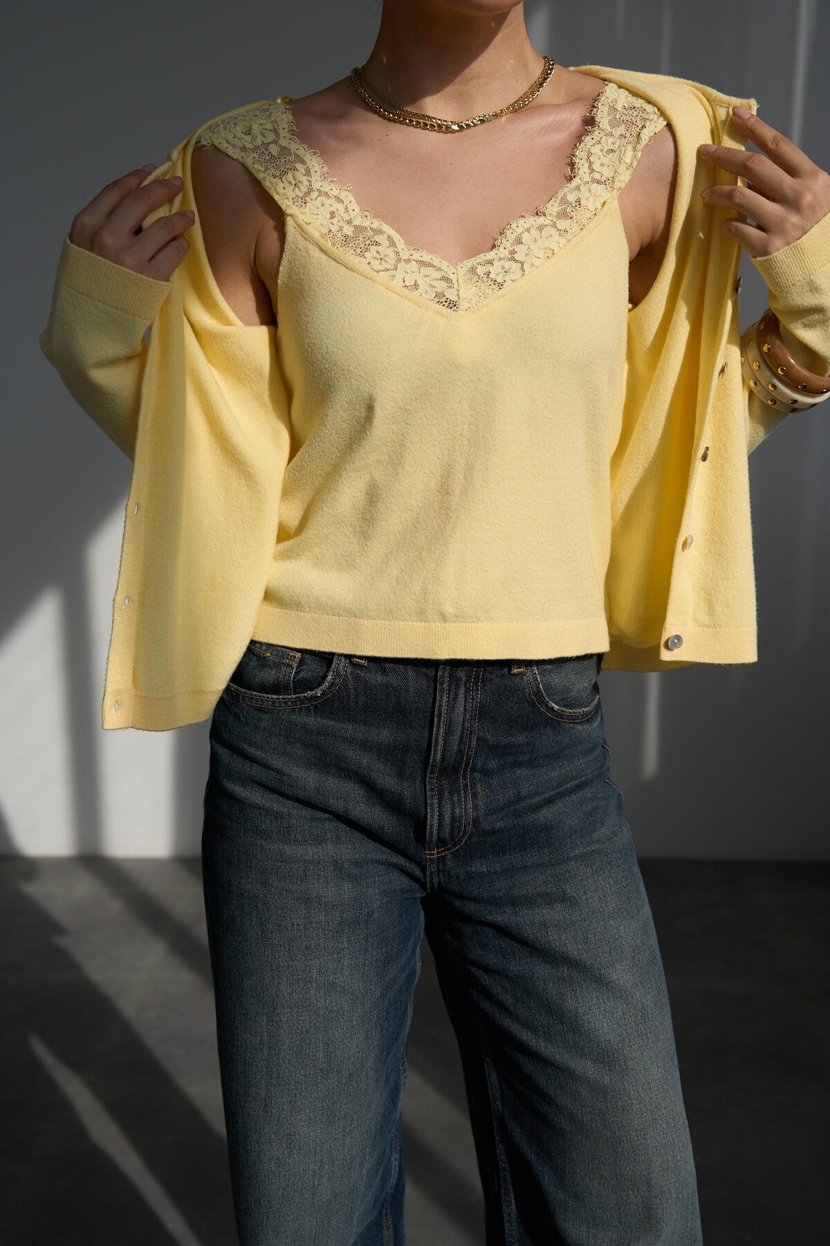 Yellow Lined Cardigan SET