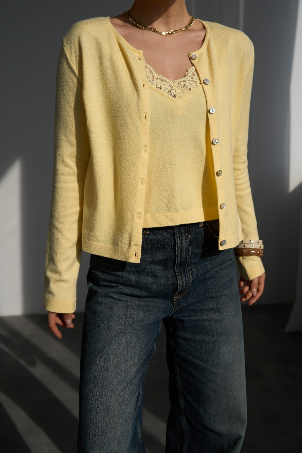 Yellow Lined Cardigan SET
