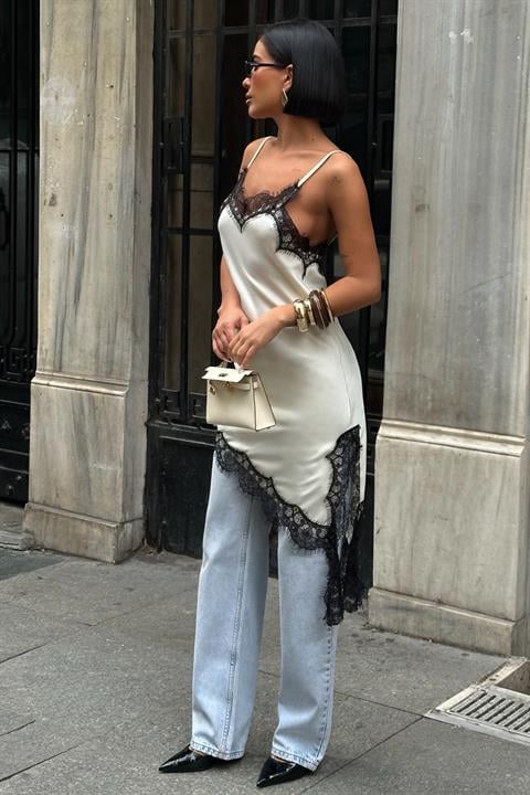 Saten Dantel Slip Elbise – Asimetrik Kesim 2923-08