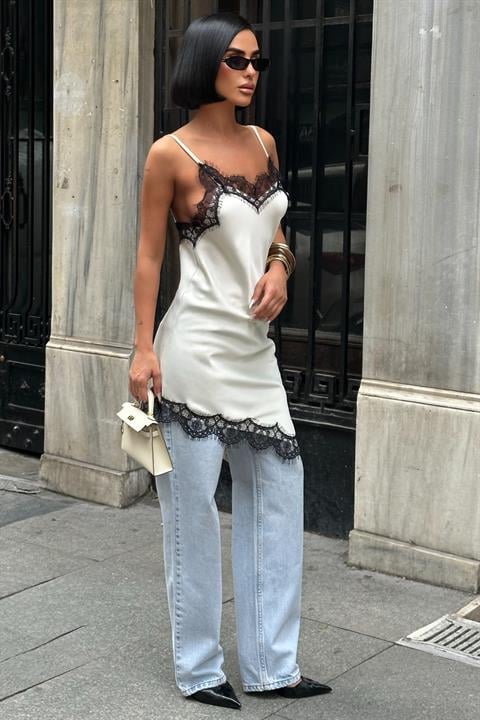 Saten Dantel Slip Elbise – Asimetrik Kesim 2923-08