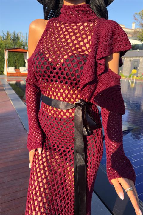 Saten Kuşaklı Ajurlu Triko Elbise 2847