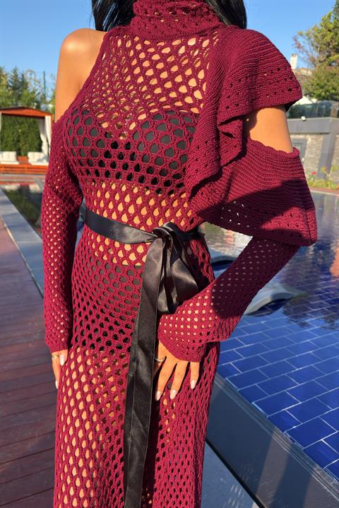 Saten Kuşaklı Ajurlu Triko Elbise 2847