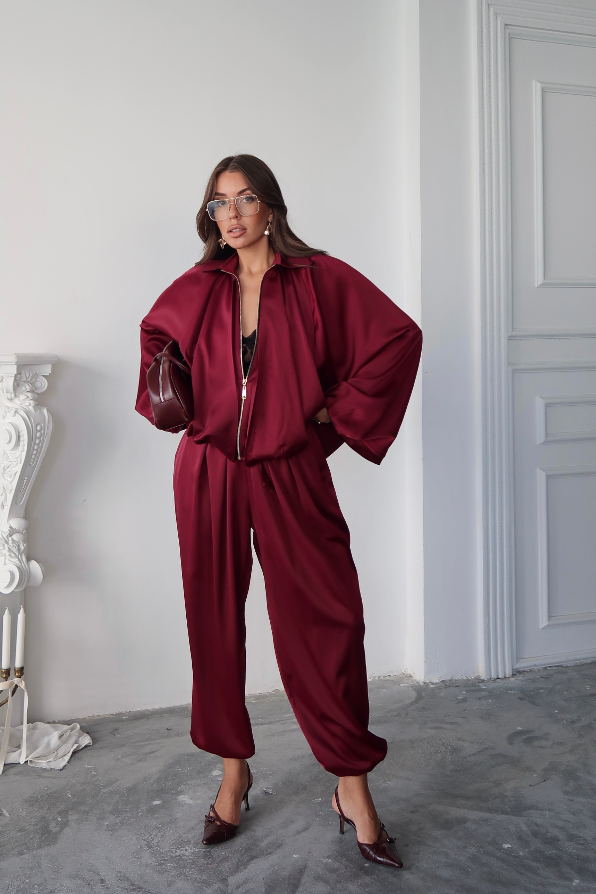 SATEN ŞALVAR PANTOLON - Bordo