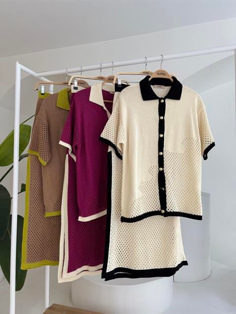 Şerit Detaylı Polo Yaka Ajurlu Takım 10137