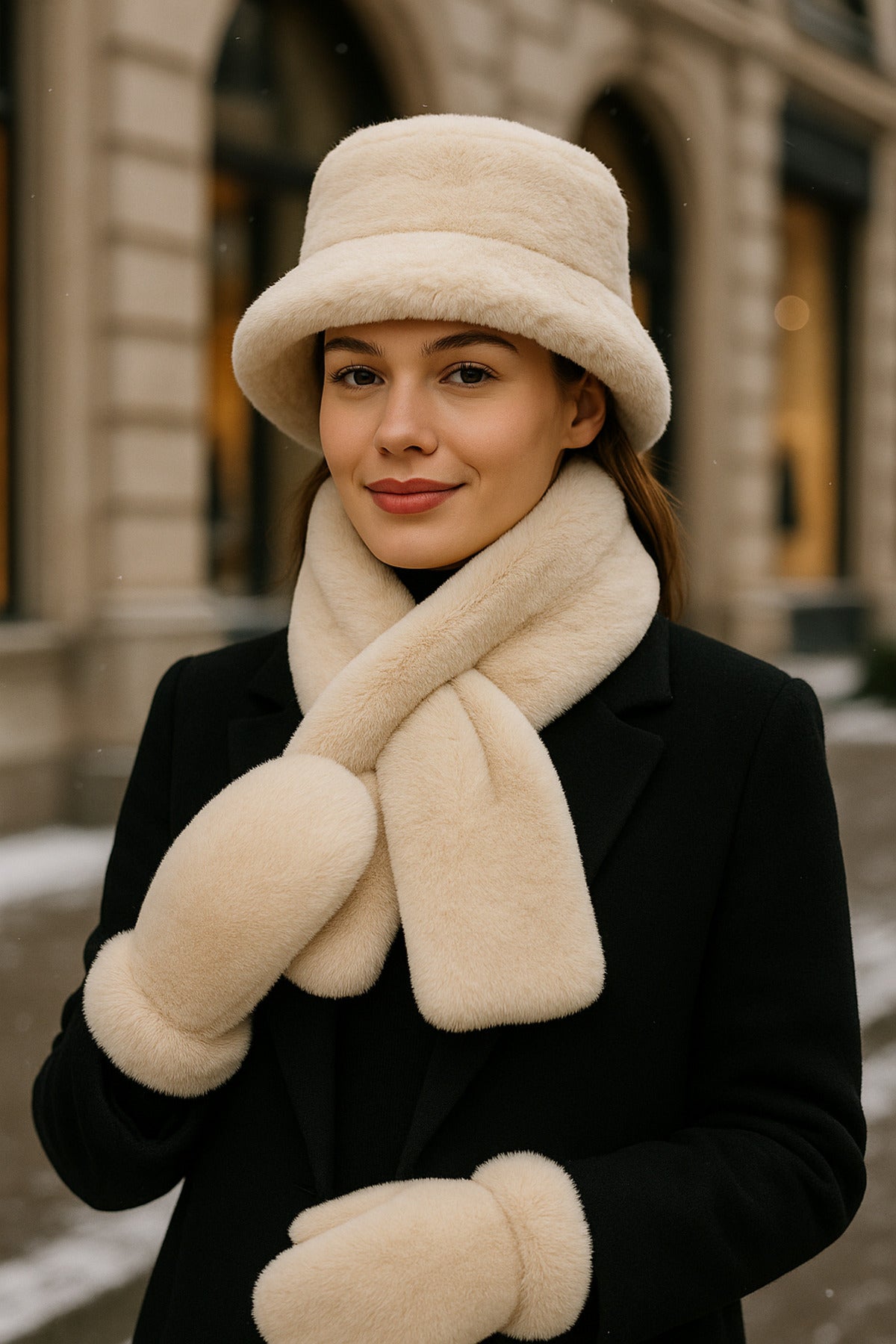Kadın Kışlık 3’lü Kürklü Set (Şapka + Atkı + Eldiven) – Bej , SET04