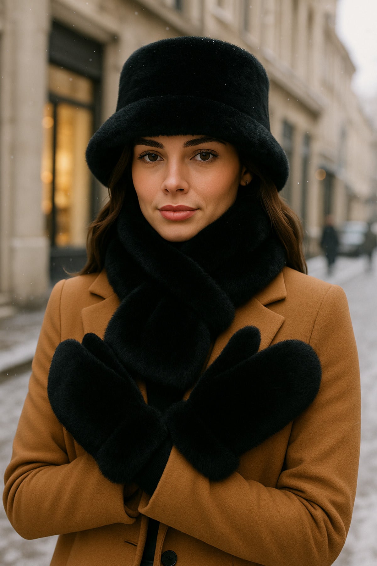 Kadın Kışlık 3’lü Kürklü Set (Şapka + Atkı + Eldiven) – Siyah , SET04