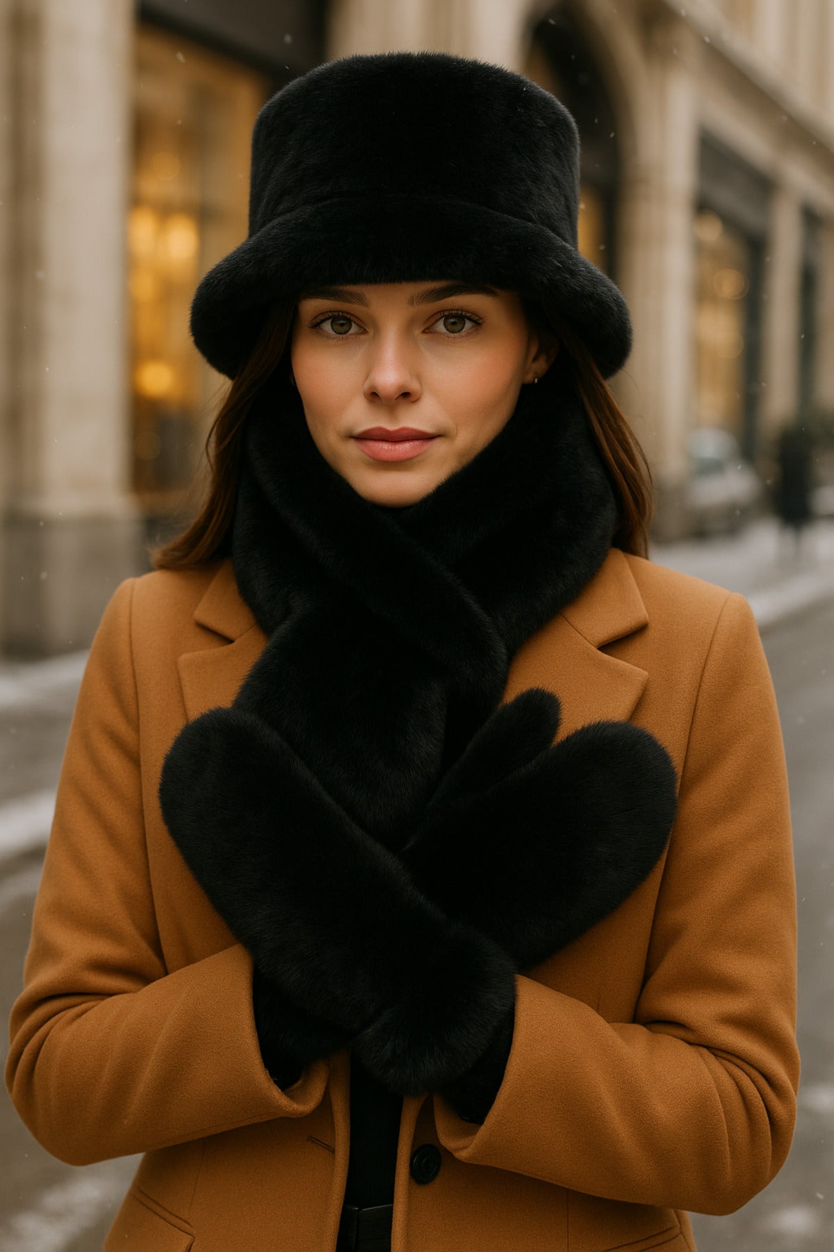 Kadın Kışlık 3’lü Kürklü Set (Şapka + Atkı + Eldiven) – Siyah , SET04