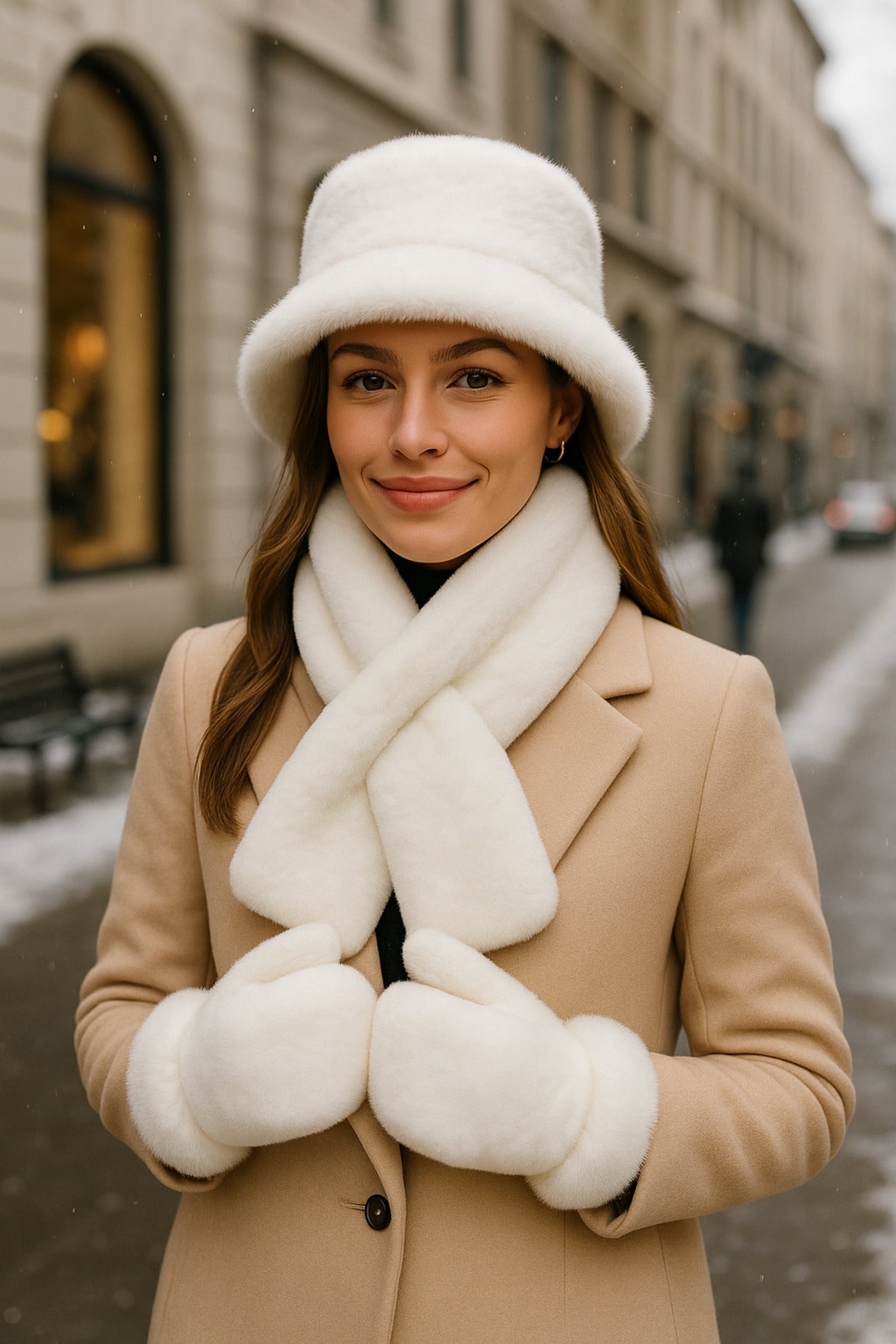 Kadın Kışlık 3’lü Kürklü Set (Şapka + Atkı + Eldiven) – Ekru , SET04