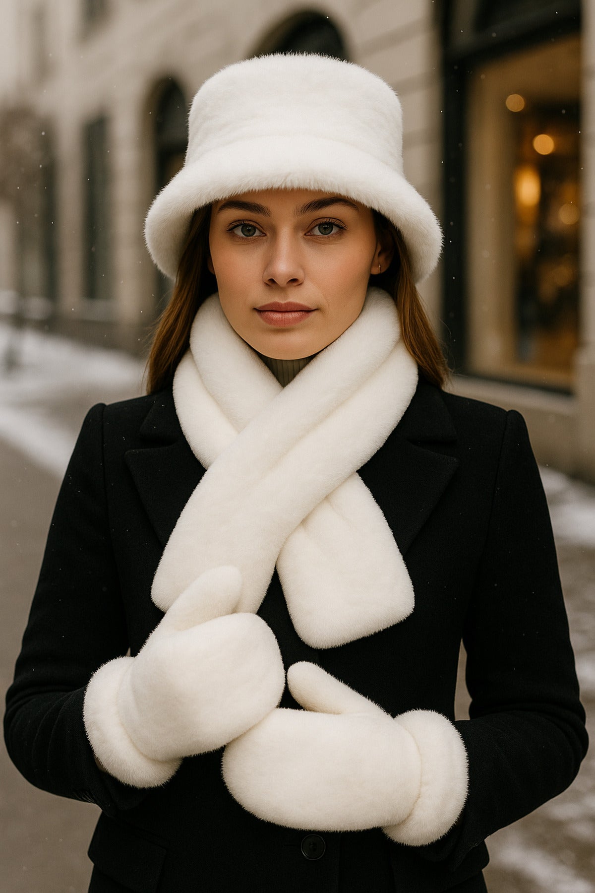 Kadın Kışlık 3’lü Kürklü Set (Şapka + Atkı + Eldiven) – Ekru , SET04