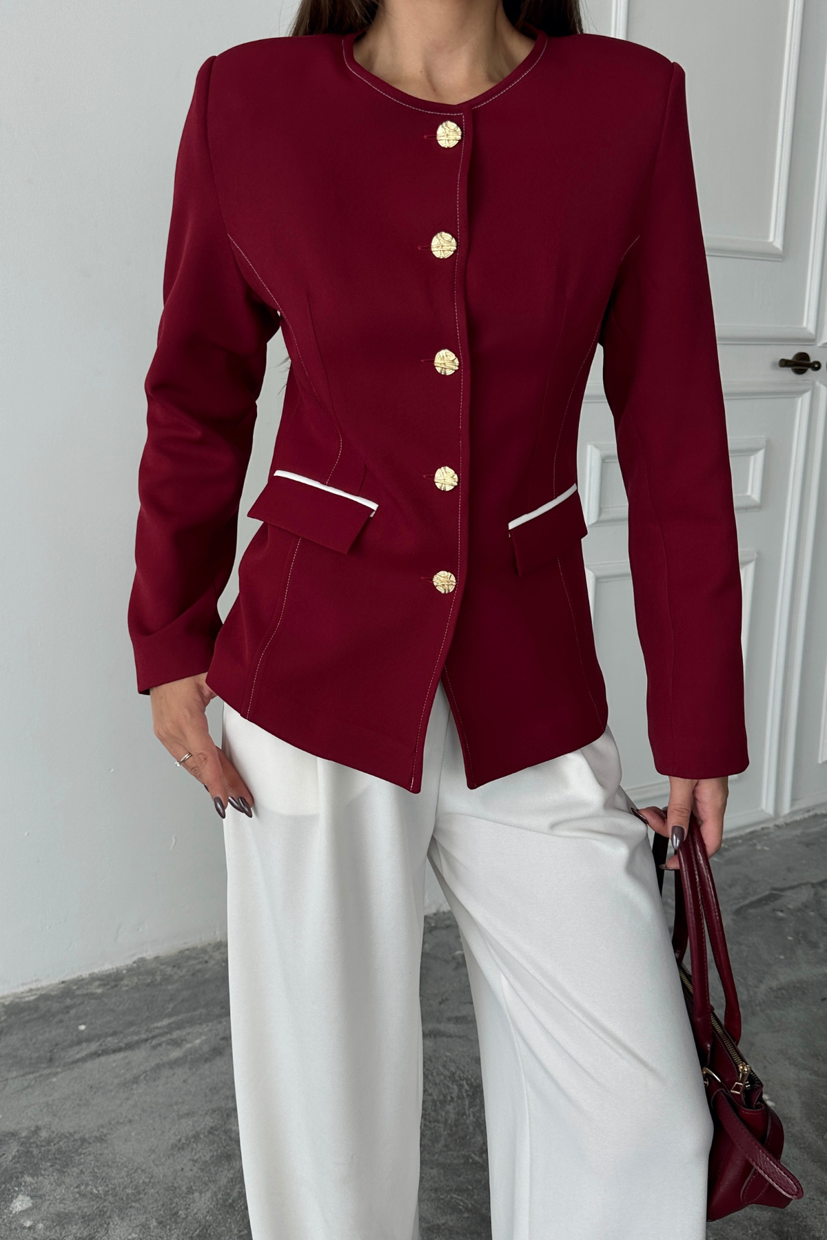 SIFIR YAKA BALZER CEKET CEP BİYE DETAYLI - Bordo