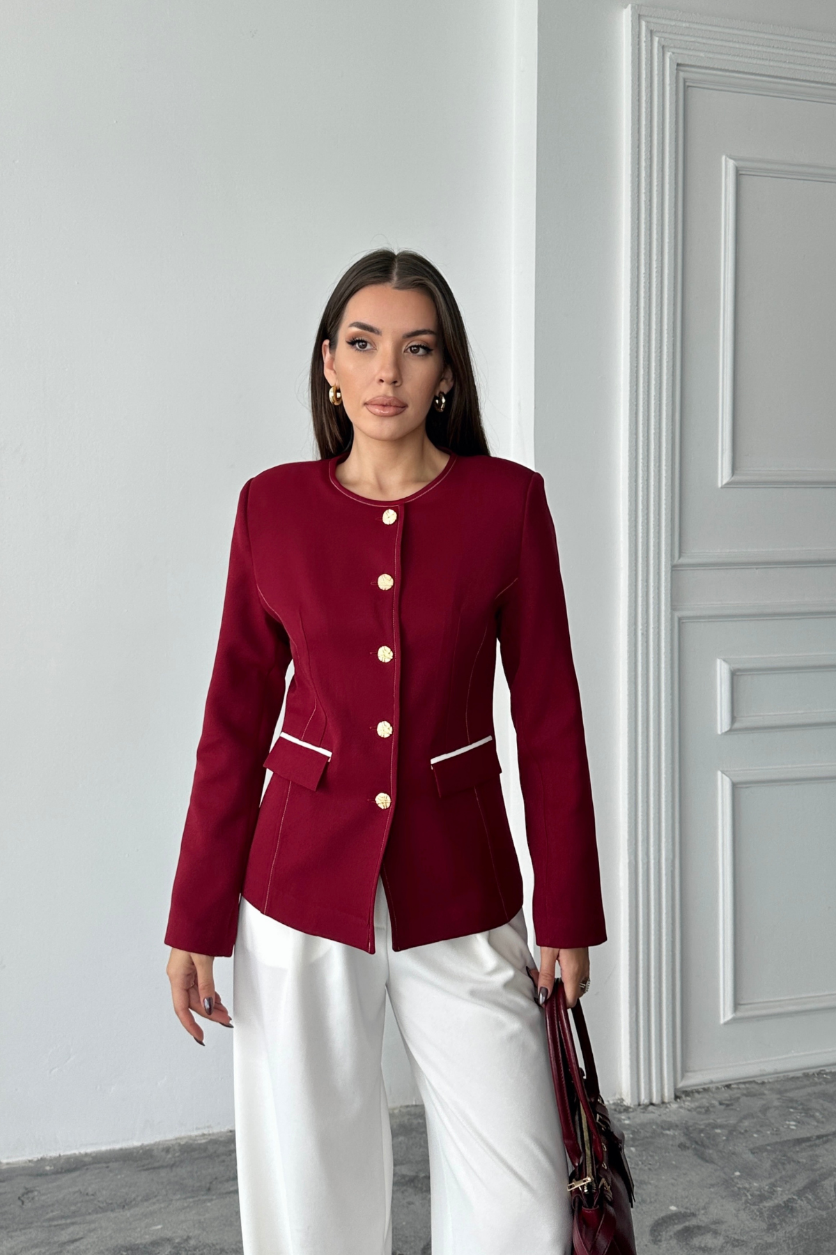 SIFIR YAKA BALZER CEKET CEP BİYE DETAYLI - Bordo