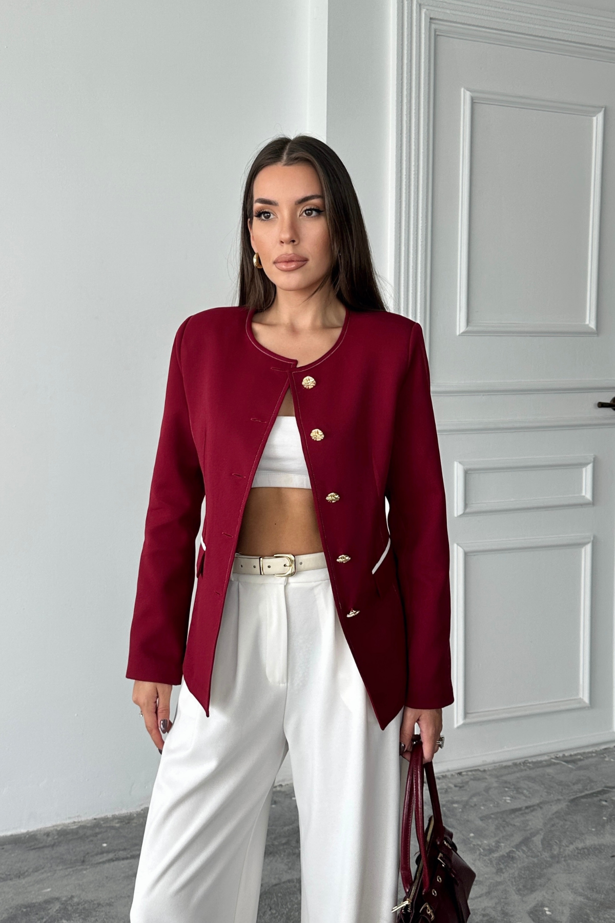 SIFIR YAKA BALZER CEKET CEP BİYE DETAYLI - Bordo