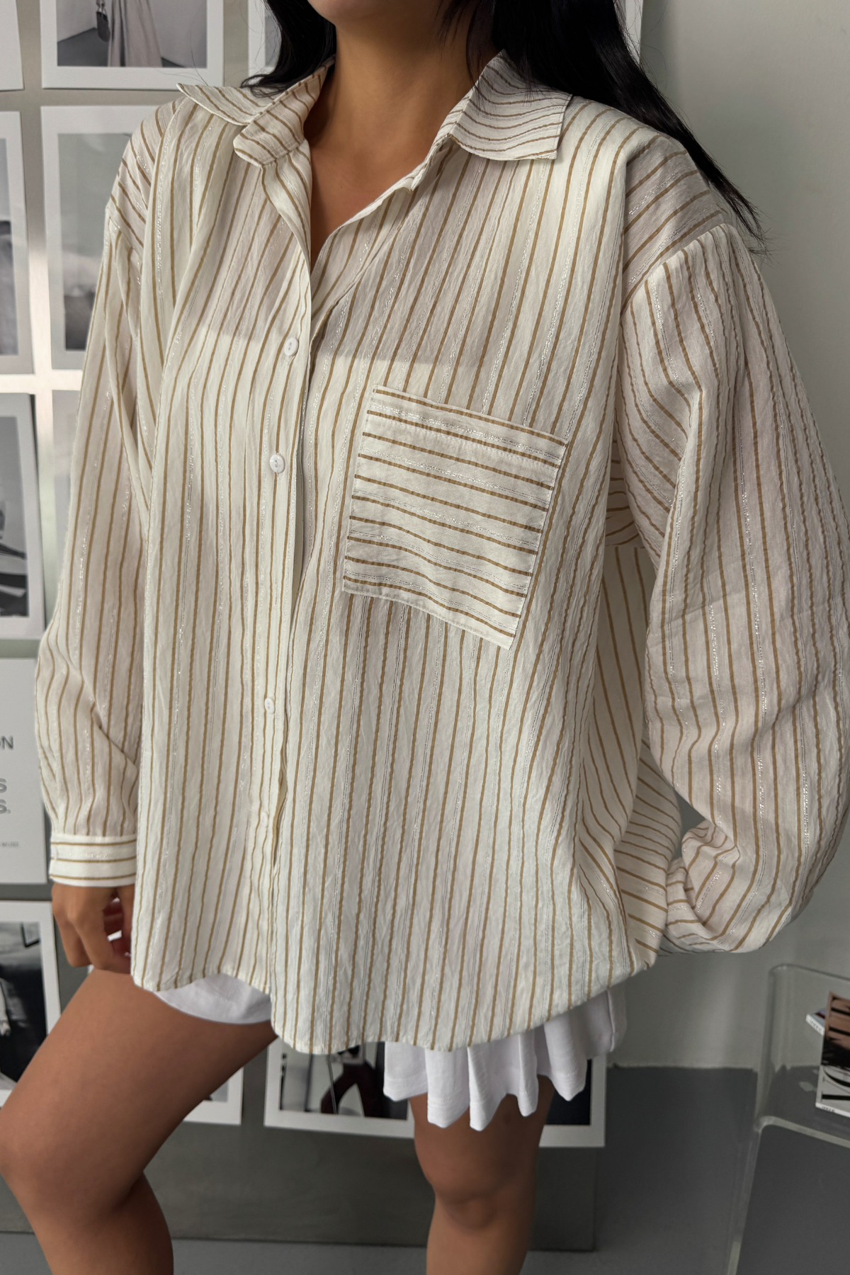 SİMLİ ÇİZGİLİ VUAL GÖMLEK - Bej