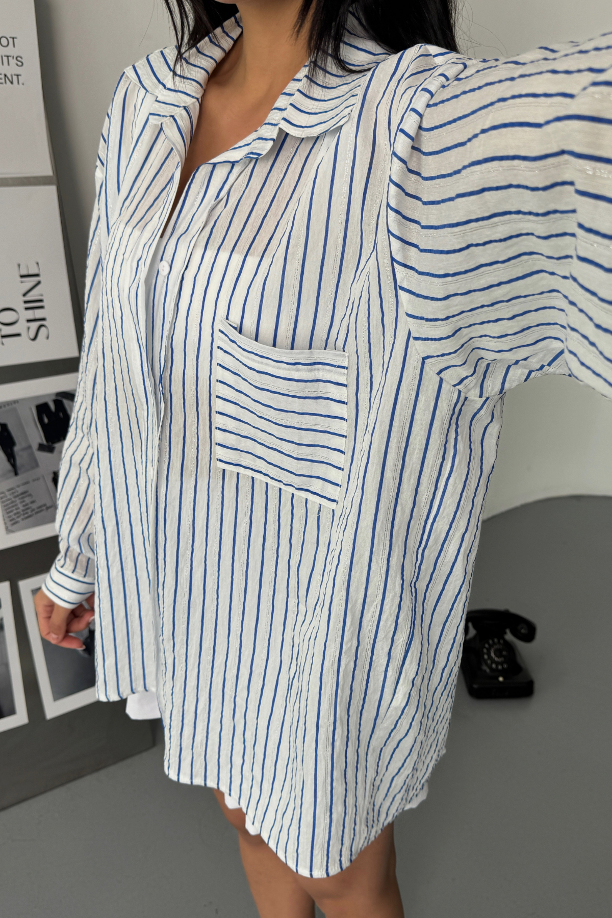 SİMLİ ÇİZGİLİ VUAL GÖMLEK - Mavi