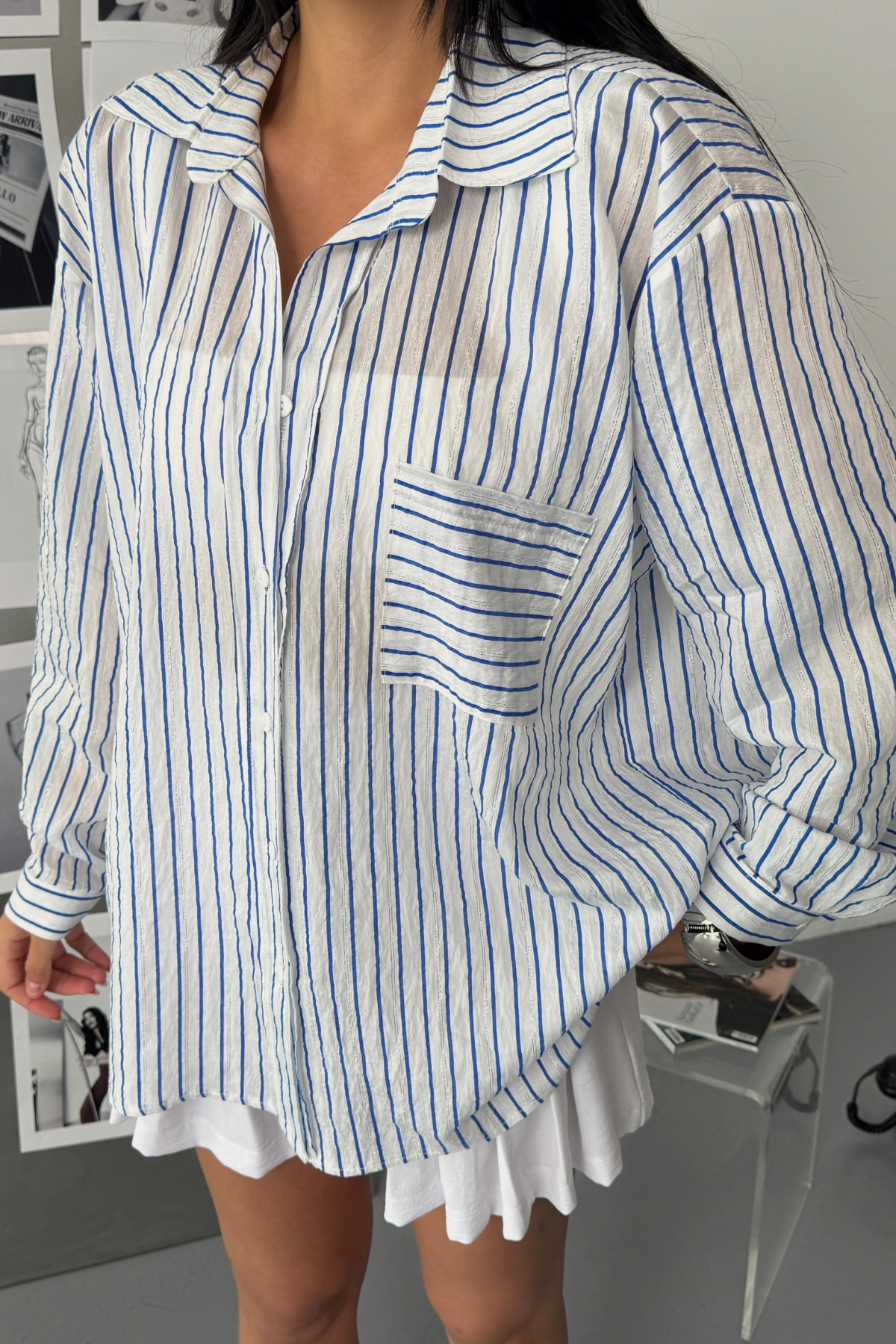 SİMLİ ÇİZGİLİ VUAL GÖMLEK - Mavi