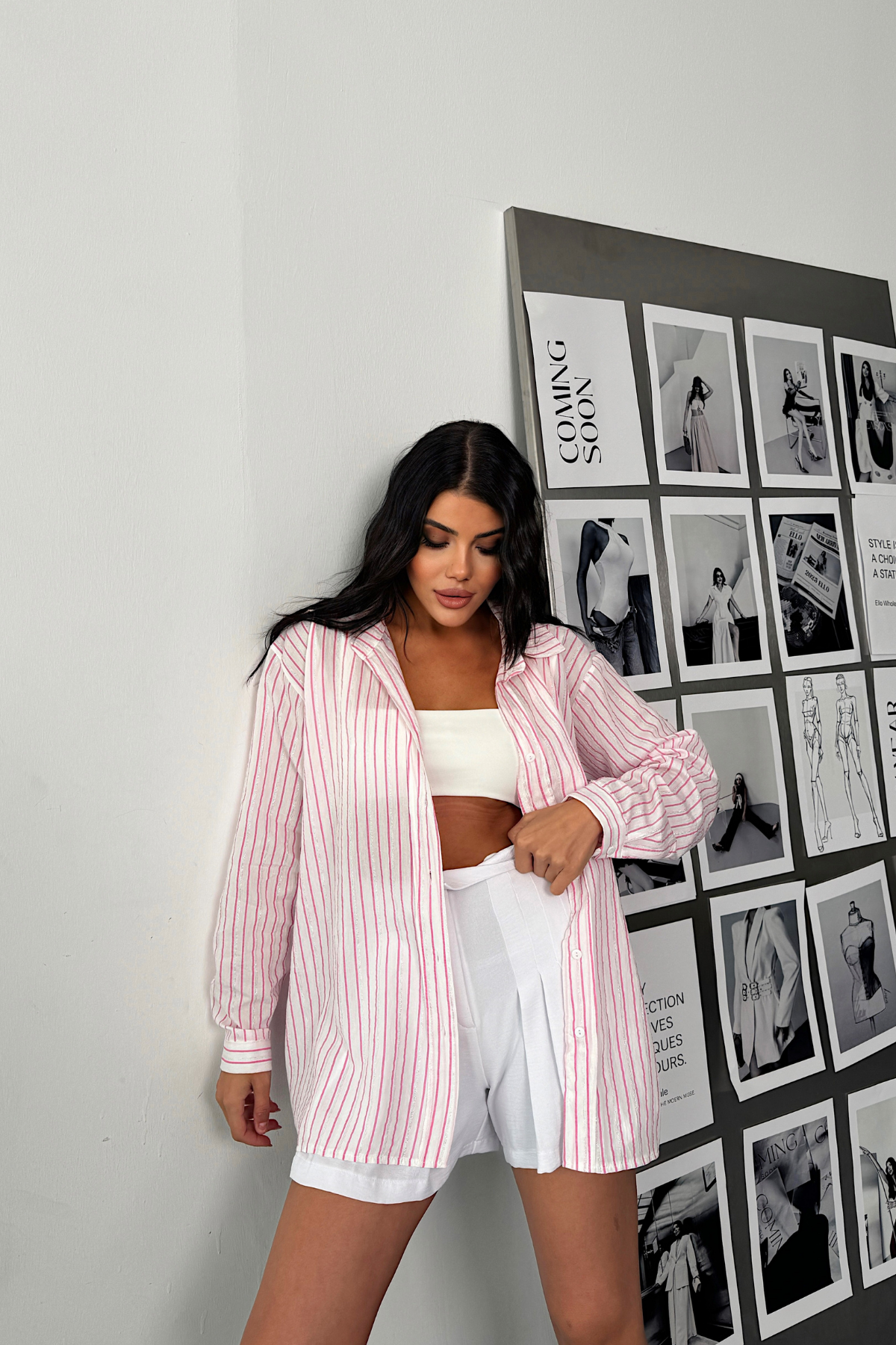 SİMLİ ÇİZGİLİ VUAL GÖMLEK - Pembe