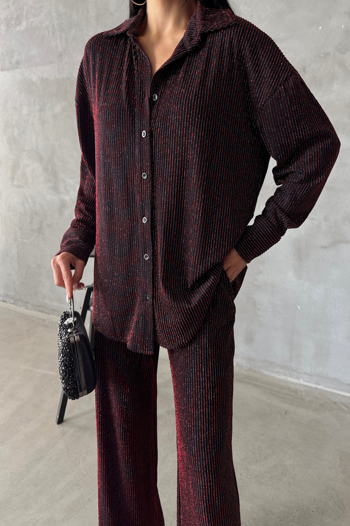 SİMLİ GÖMLEK - PANTOLON TAKIM - Bordo