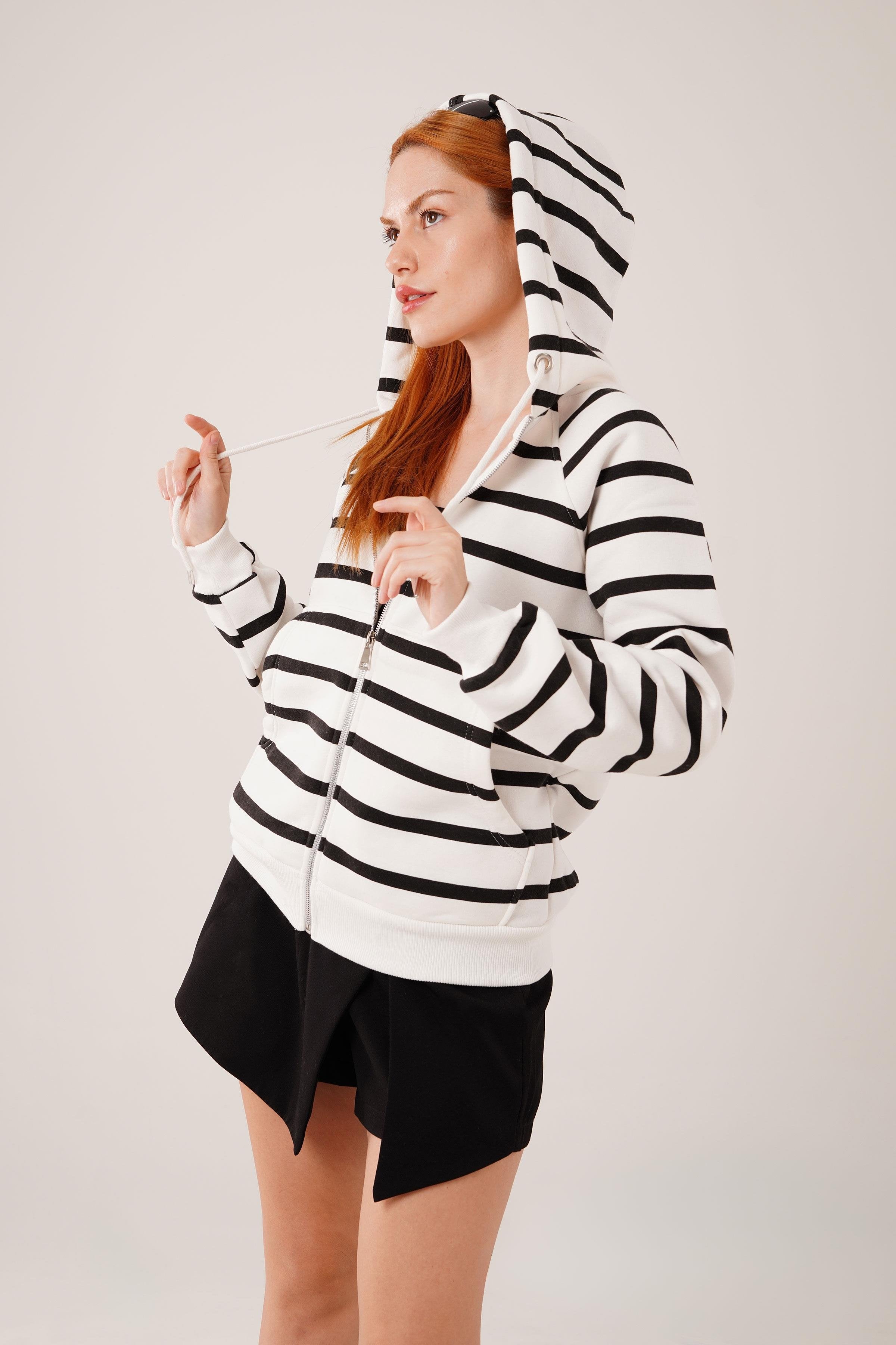 Siyah Çizgili İki İplik Kapüşonlu Toptan Sweatshirt