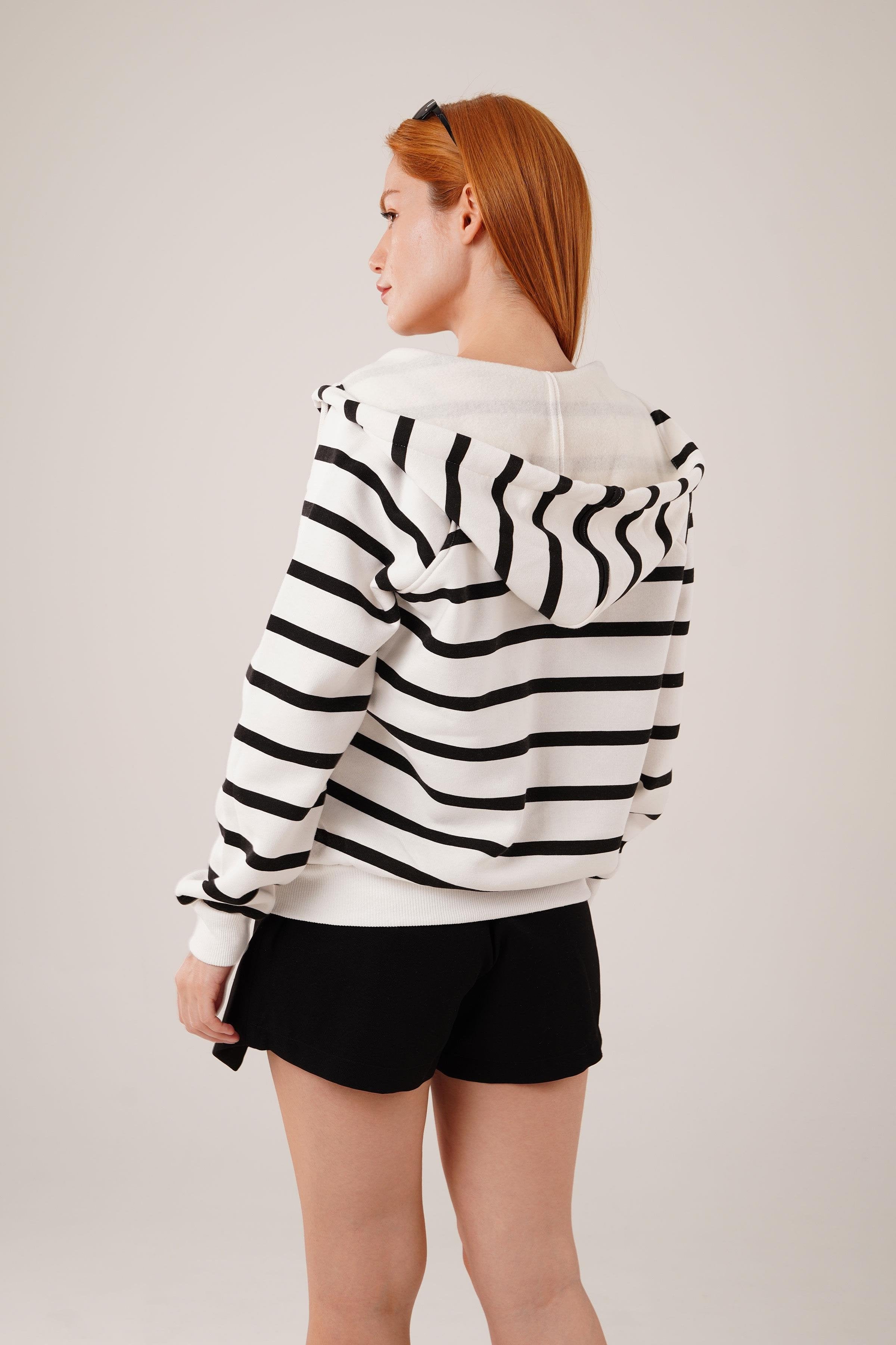 Siyah Çizgili İki İplik Kapüşonlu Toptan Sweatshirt